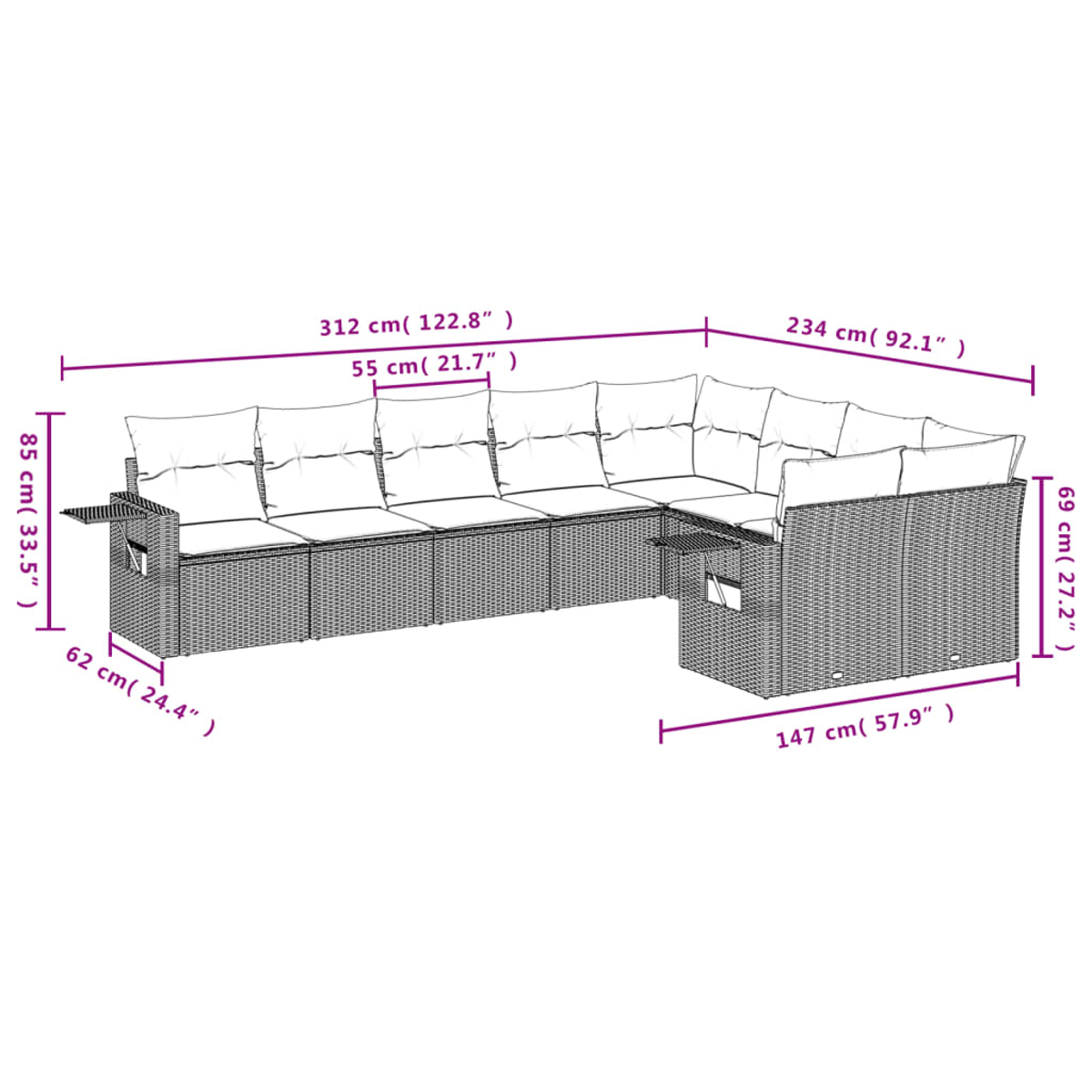 Diagramm eines L-förmigen Rattansofas mit Abmessungen in cm und Zoll.