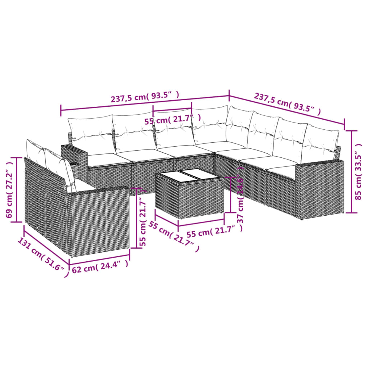Schema di sedute da esterno in vimini, dimensioni etichettate.