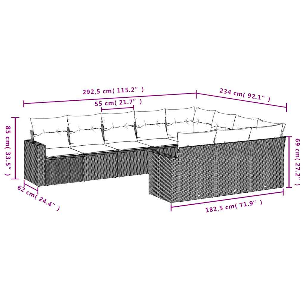 Diagramm der großen Outdoor-Korbgeflecht-Sitzgruppe, Abmessungen beschriftet.