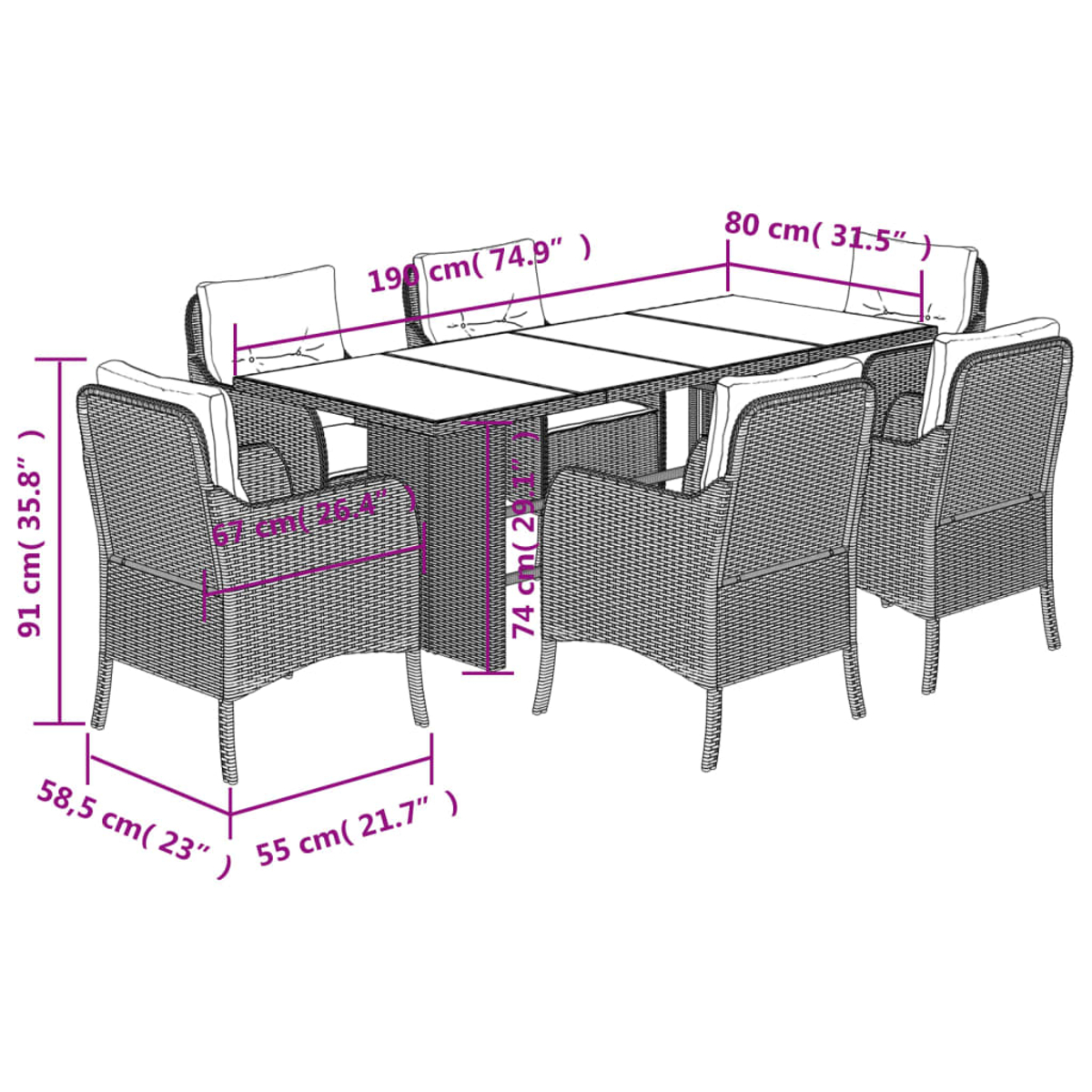 Ein Rattan-Esszimmer-Set mit Tisch und sechs Stühlen. Maße sind sichtbar.