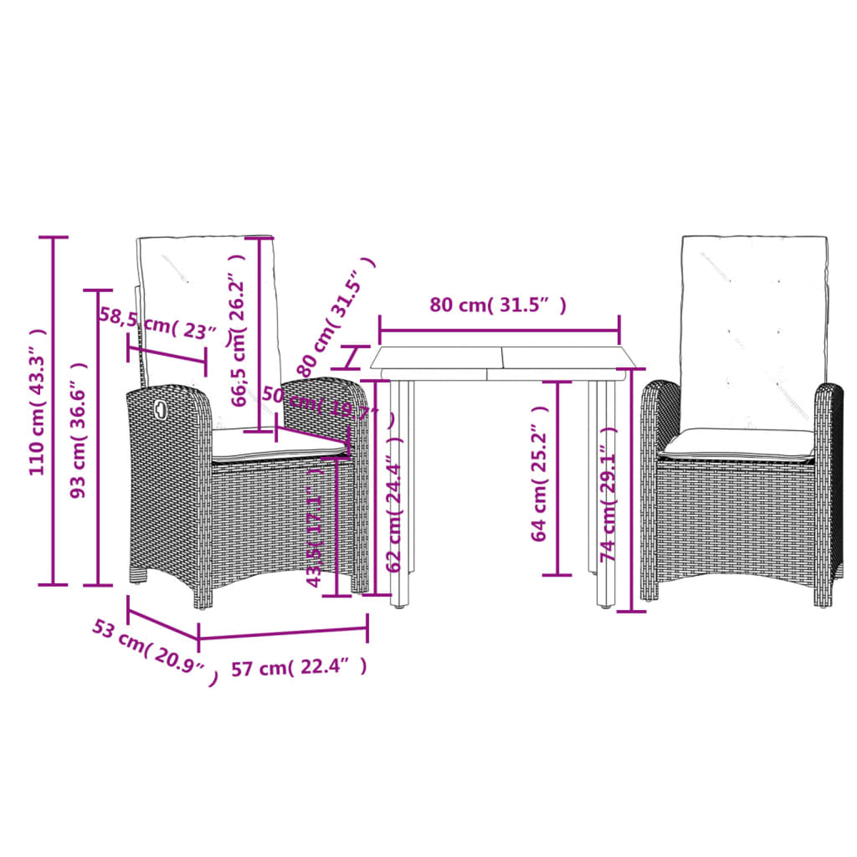Diagramm von Gartenmöbeln mit Abmessungen. Enthält einen Tisch, Stühle und Maße.