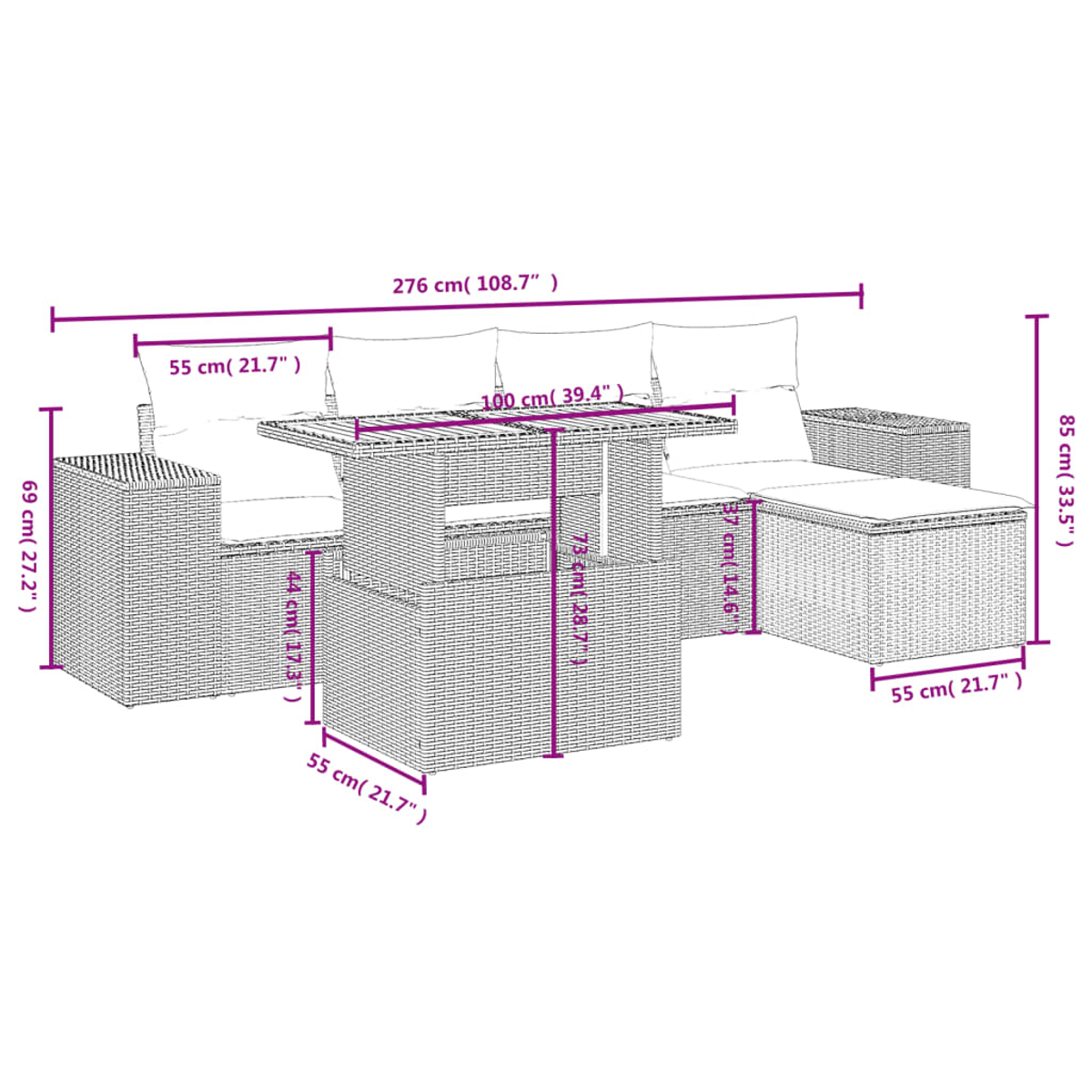 Diagramma di un set di mobili in vimini beige, con tavolo, divano e pouf, con misure.