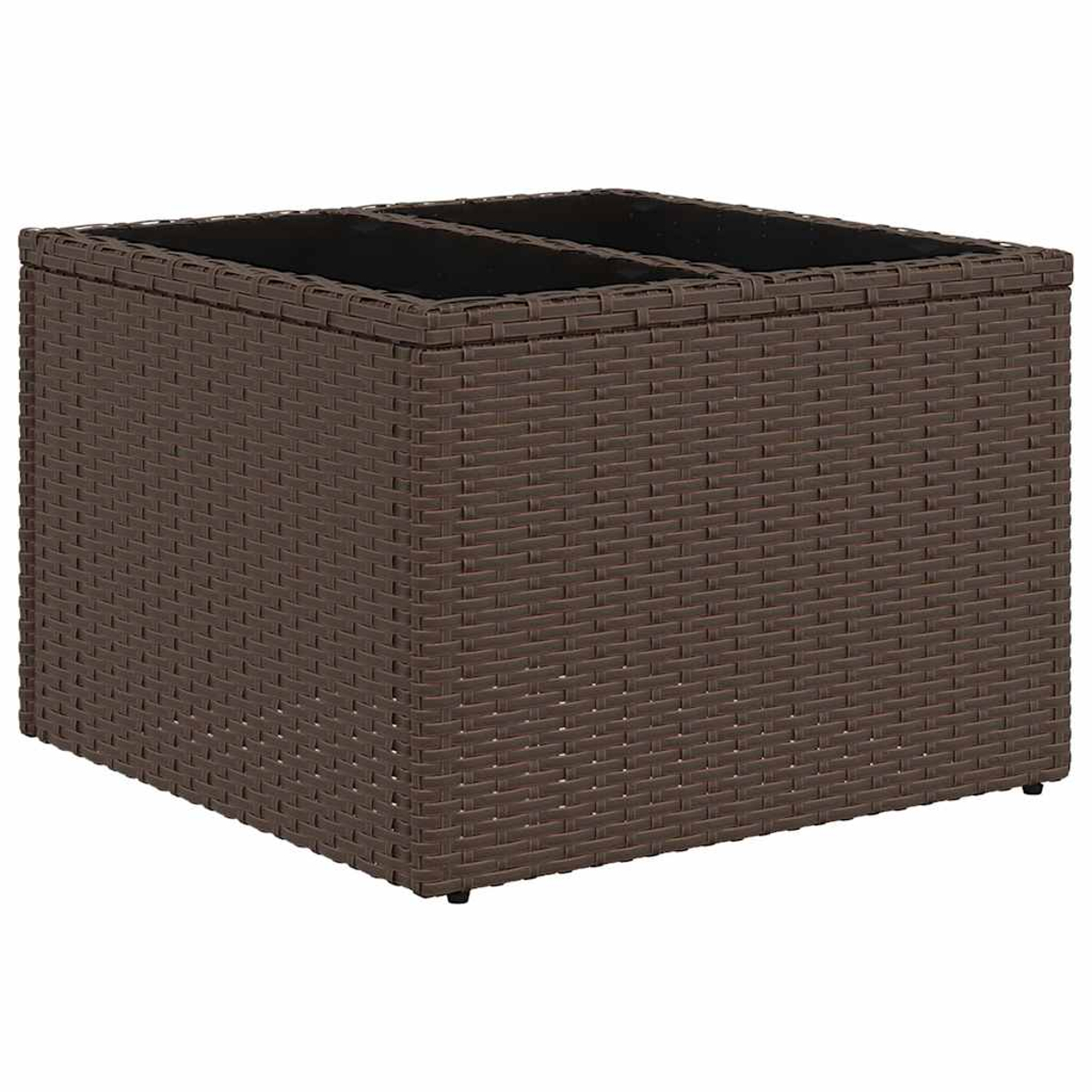 Ein brauner quadratischer Korbtisch mit schwarzer Oberseite auf weißem Hintergrund.