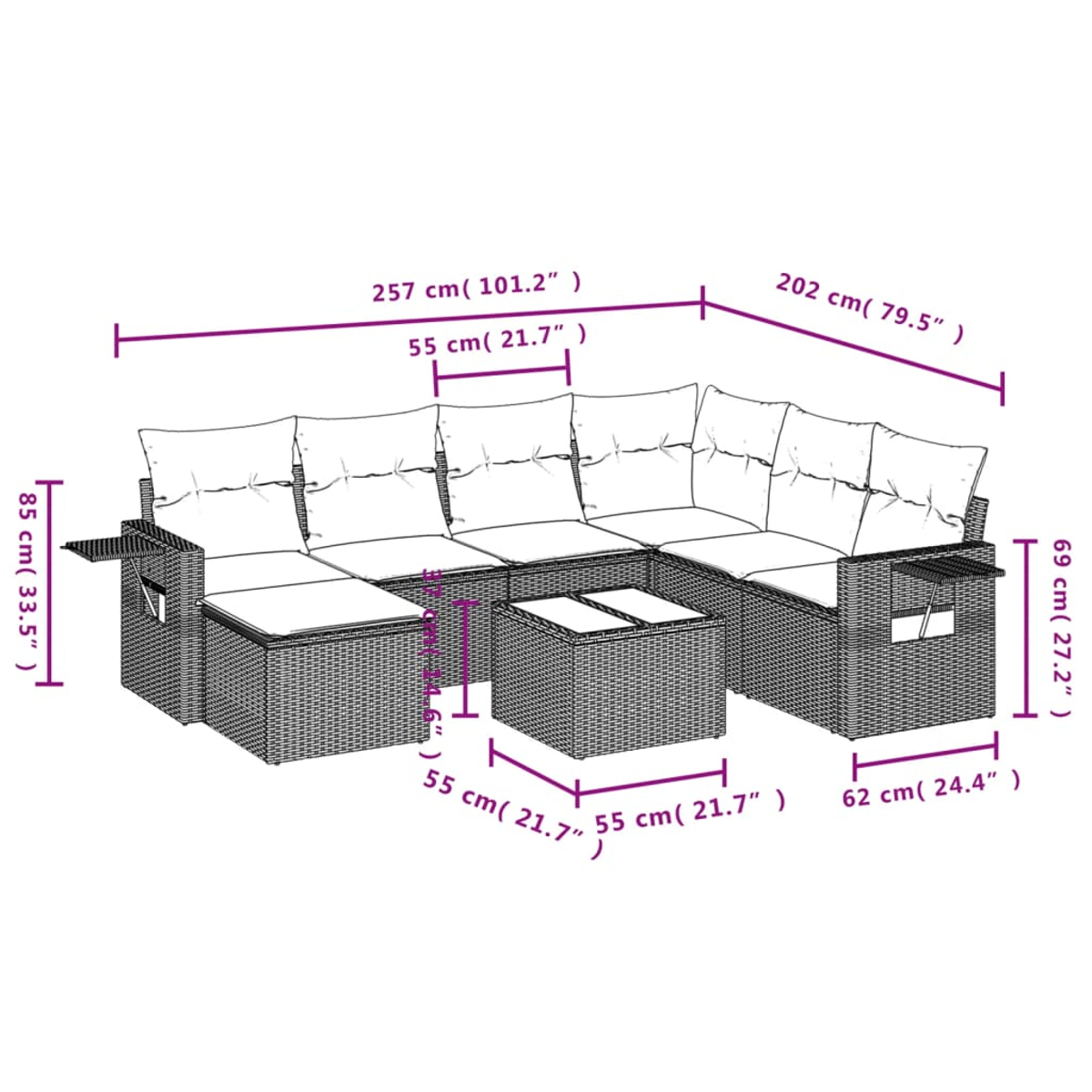 Diagramm eines großen, braunen Outdoor-Ecksofas aus Korbgeflecht mit Abmessungen.