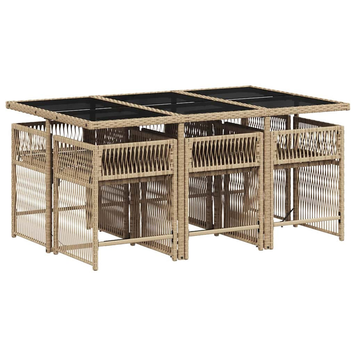 Ein Esszimmer-Set aus Rattan für den Außenbereich mit Tisch und Stühlen, mit schwarzer Glasplatte.