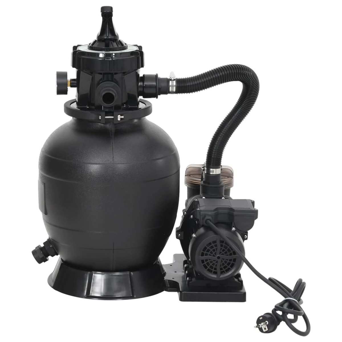 Schwarzes Poolpumpen- und Filtersystem. Enthält eine Pumpe, einen Filter und Verbindungsschläuche.