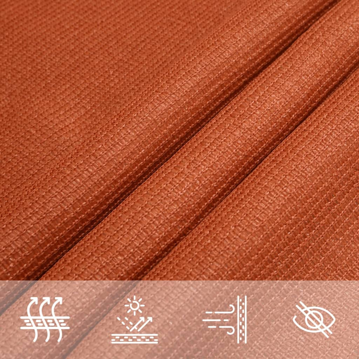 Nahaufnahme von orangefarbenem Stoff mit Textur. Symbole für Wind, Sonnenschutz und Atmungsaktivität.