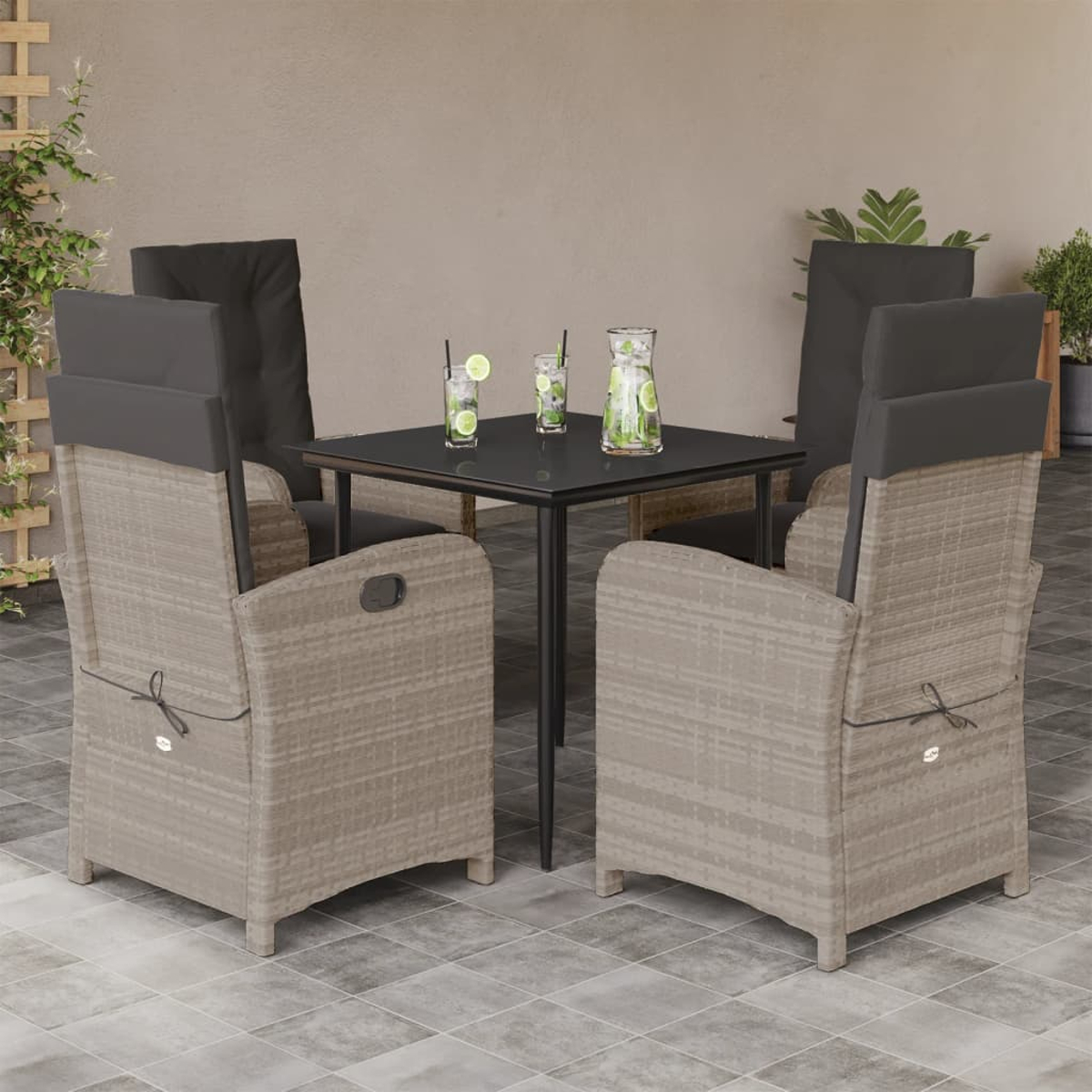 Outdoor-Essgruppe mit Stühlen, Tisch, Getränken und Kissen. Auf Terrasse mit Pflanzen.