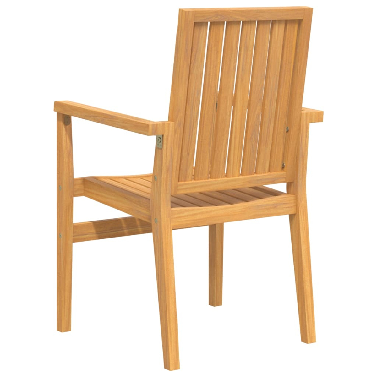 Holzstuhl, Rückansicht, mit vertikalen Lamellen und Armlehnen. Helles Holz.