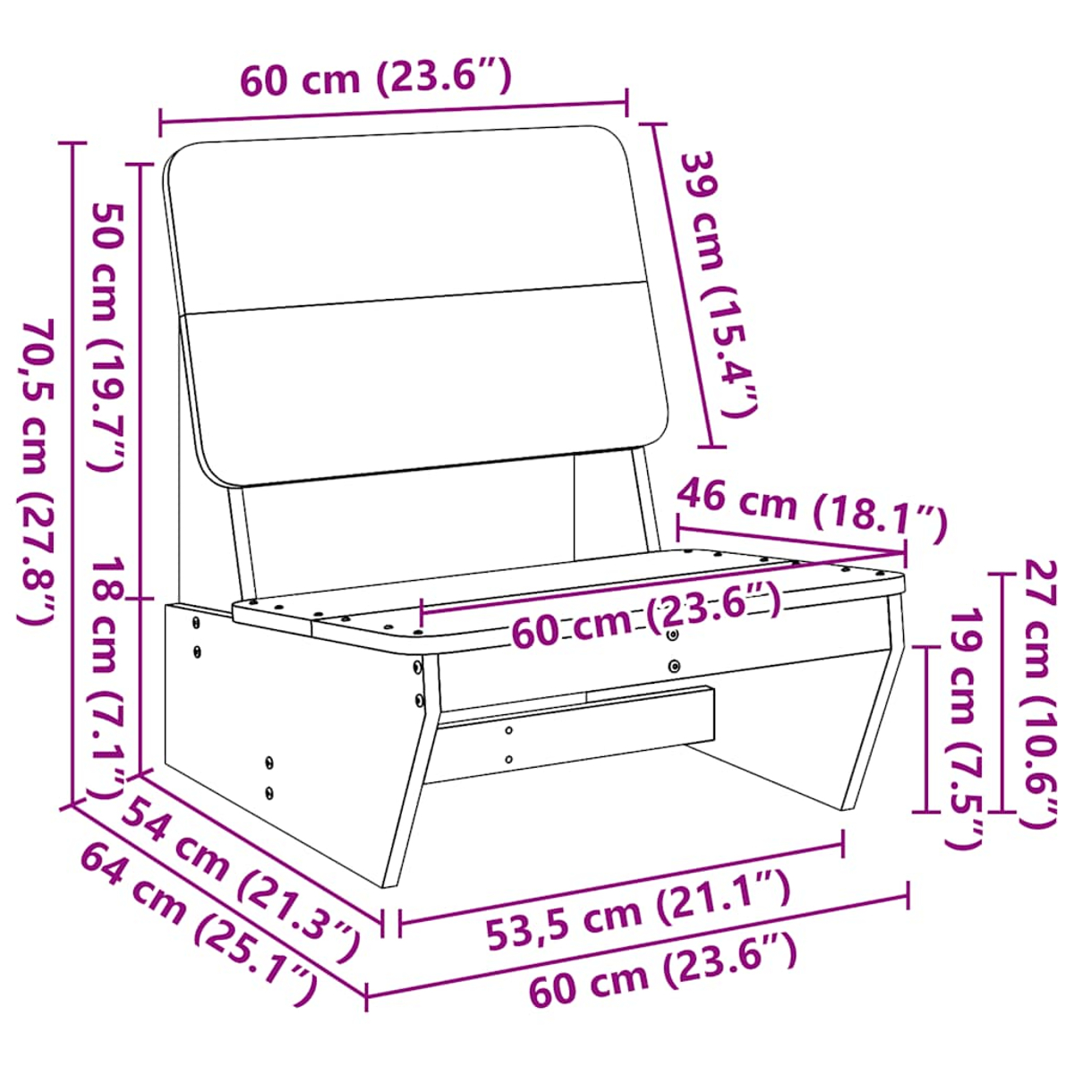 Diagramma di una panchina da esterno con dimensioni in centimetri e pollici.