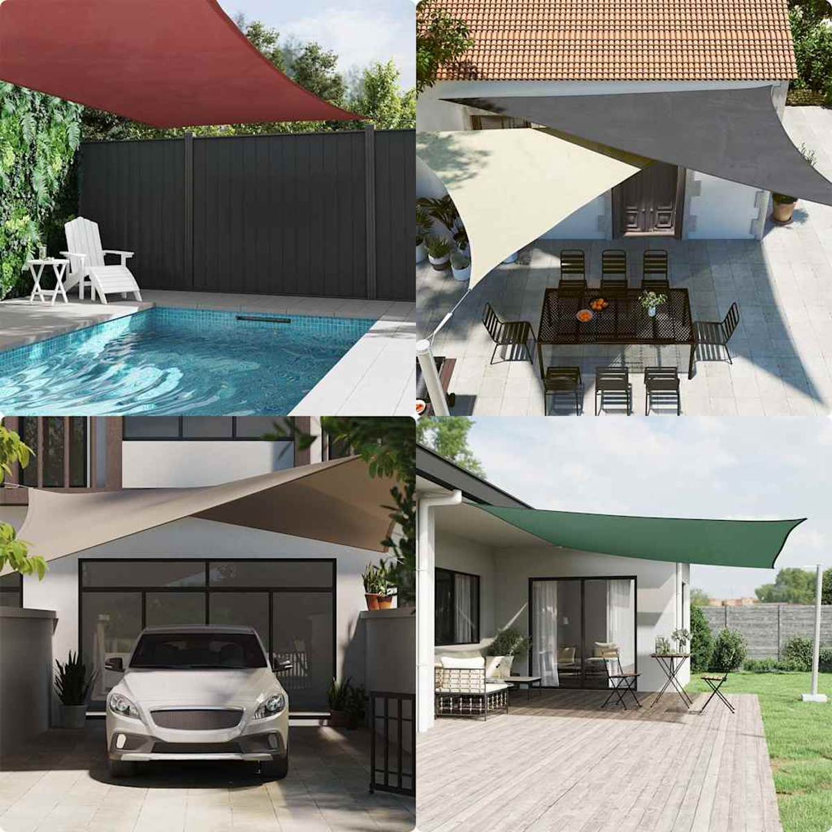 Quattro immagini di vele ombreggianti in diversi contesti: piscina, casa e auto.