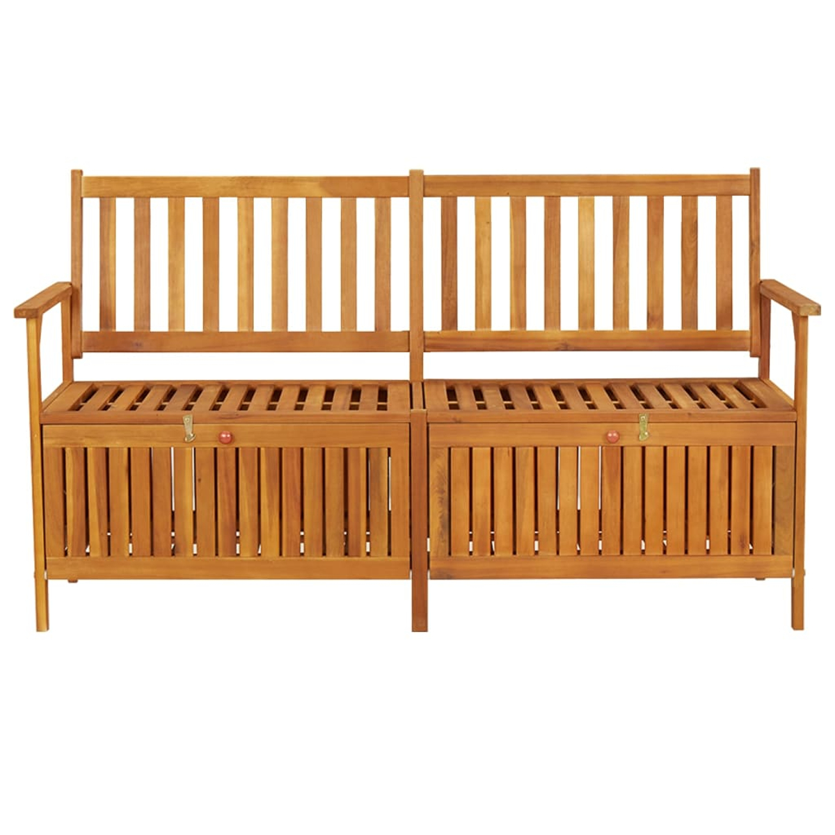 Holzbank für den Außenbereich mit Stauraum. Zwei Staufächer mit Riegeln.