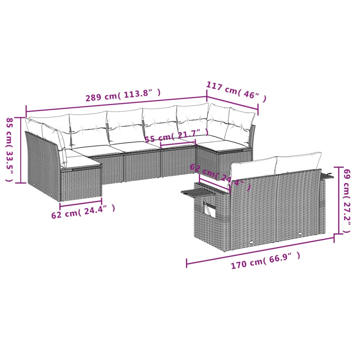 Diagramm eines Outdoor-Korbsessel-Sets mit Abmessungen.