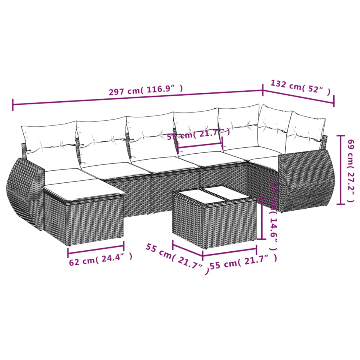 Un ampio divano componibile in rattan con cuscini bianchi e tavolini. Le dimensioni sono visualizzate.