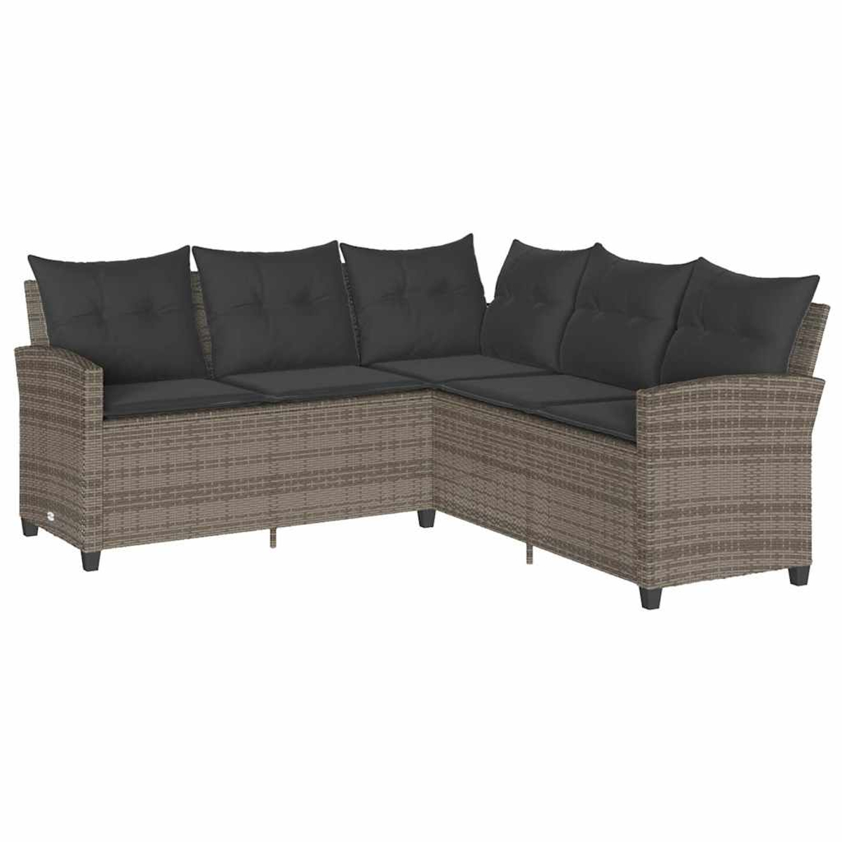 Ein Ecksofa aus Rattan mit dunkelgrauen Kissen. Es hat eine gebogene Form.