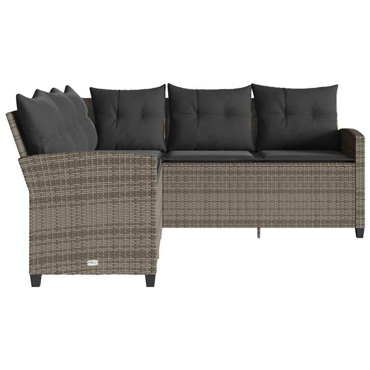 Ein Rattan-Ecksofa mit grauen Kissen. Es hat eine L-Form.