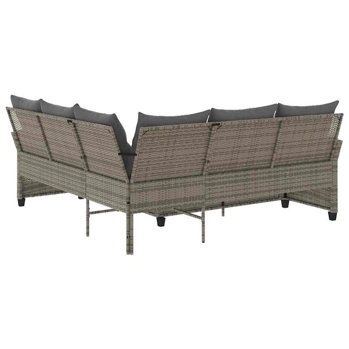 Gartensofa aus Korbgeflecht, von hinten gesehen. Es ist ein Ecksofa. Graue Kissen sind auf den Sitzen.
