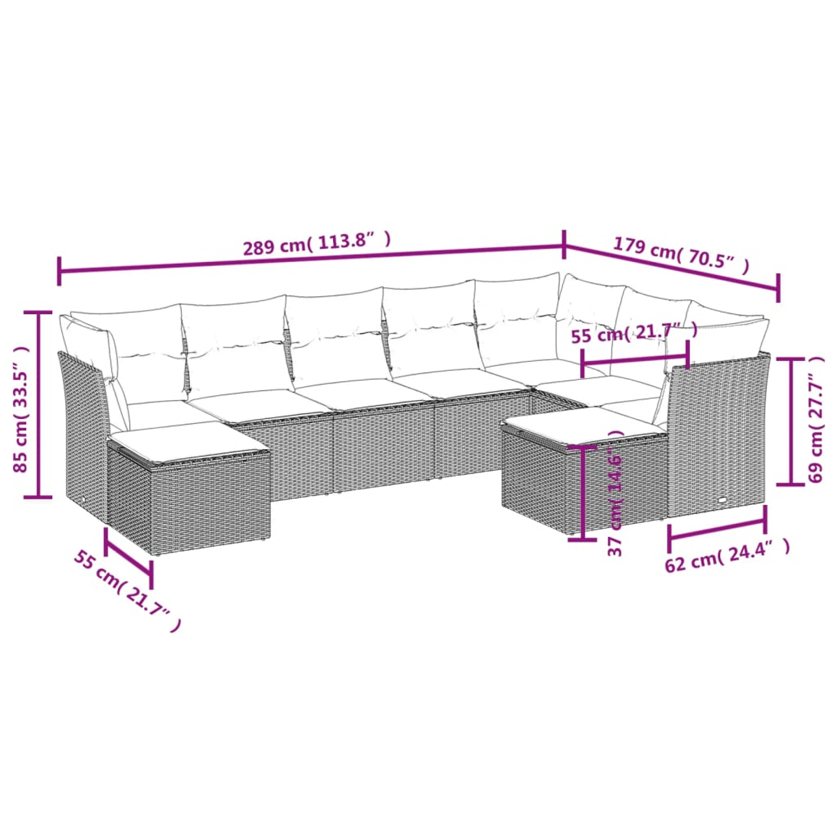 Geflochtenes Ecksofa mit Abmessungen. Enthält eine Chaiselongue und einen Beistelltisch.