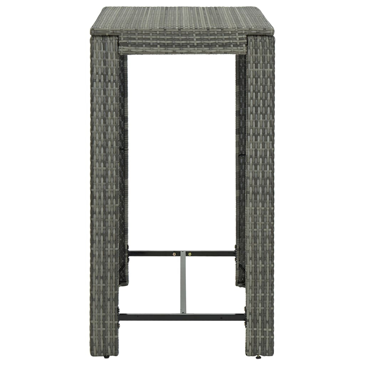 Grauer Rattan-Bartisch, gerade Ansicht. Weißer Hintergrund.