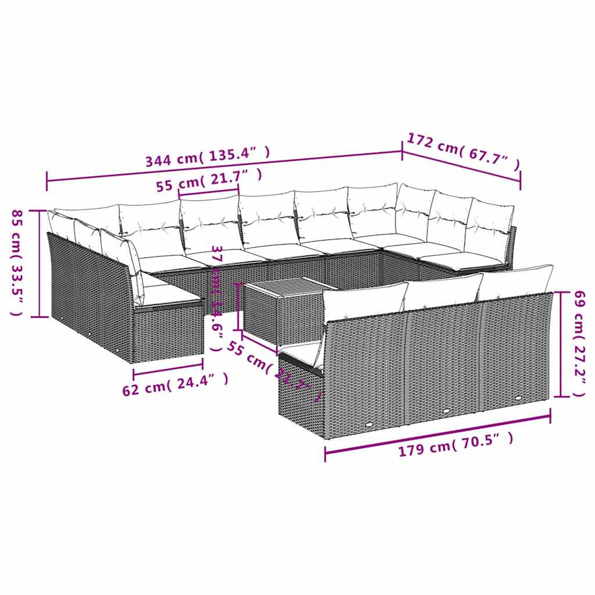 Set divano in rattan, cuscini beige, dimensioni. Sfondo bianco.