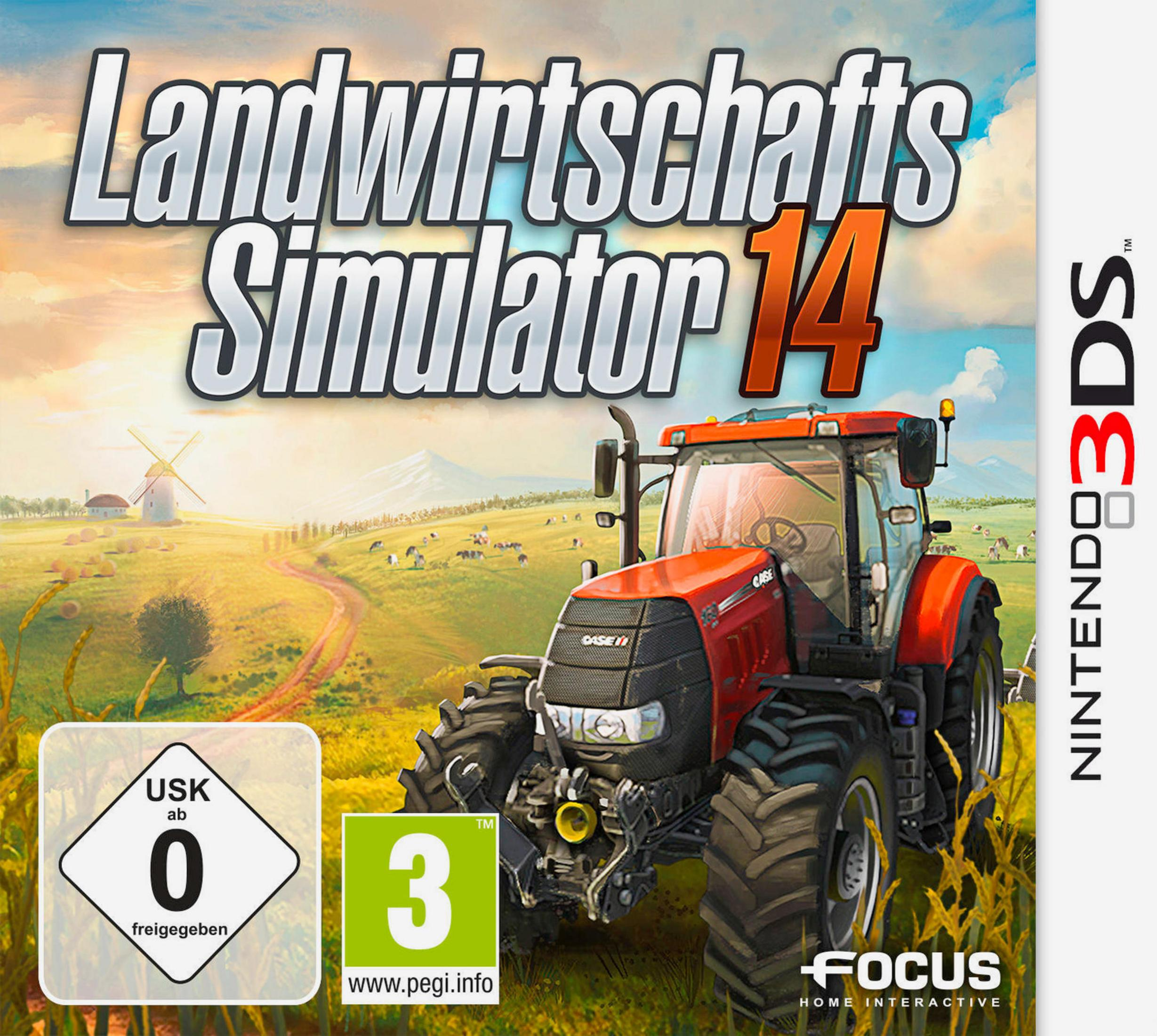 Landwirtschafts Simulator 14 Spielcover. Ein roter Traktor auf einem Feld mit einer Windmühle im Hintergrund.