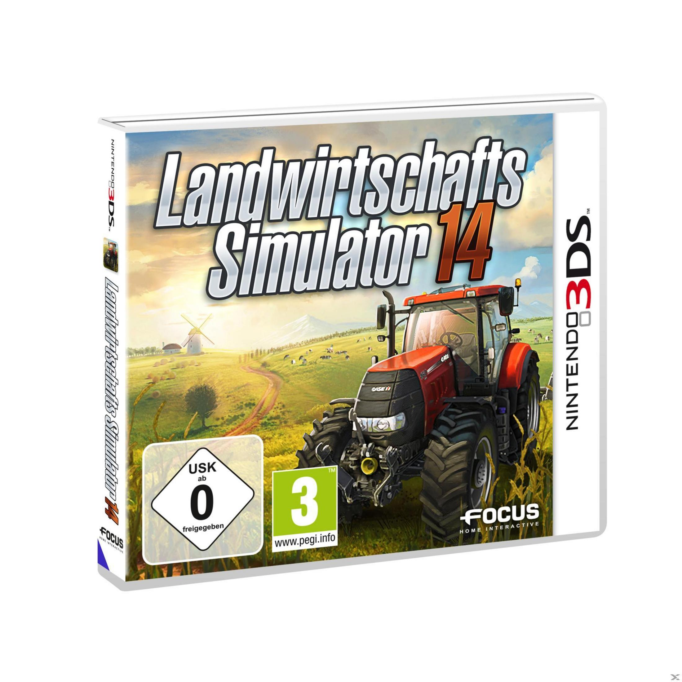 Landwirtschafts Simulator 14 Spielcover für 3DS. Ein roter Traktor auf einem Bauernhof mit Windmühle.