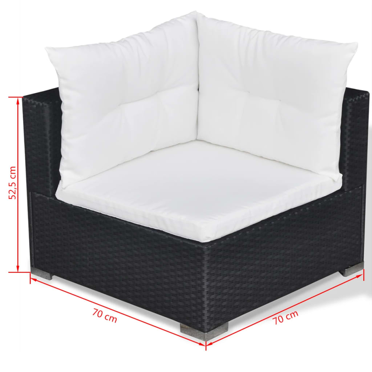 Schwarzes Ecksofa aus Rattan mit weißen Kissen, 70x70 cm.