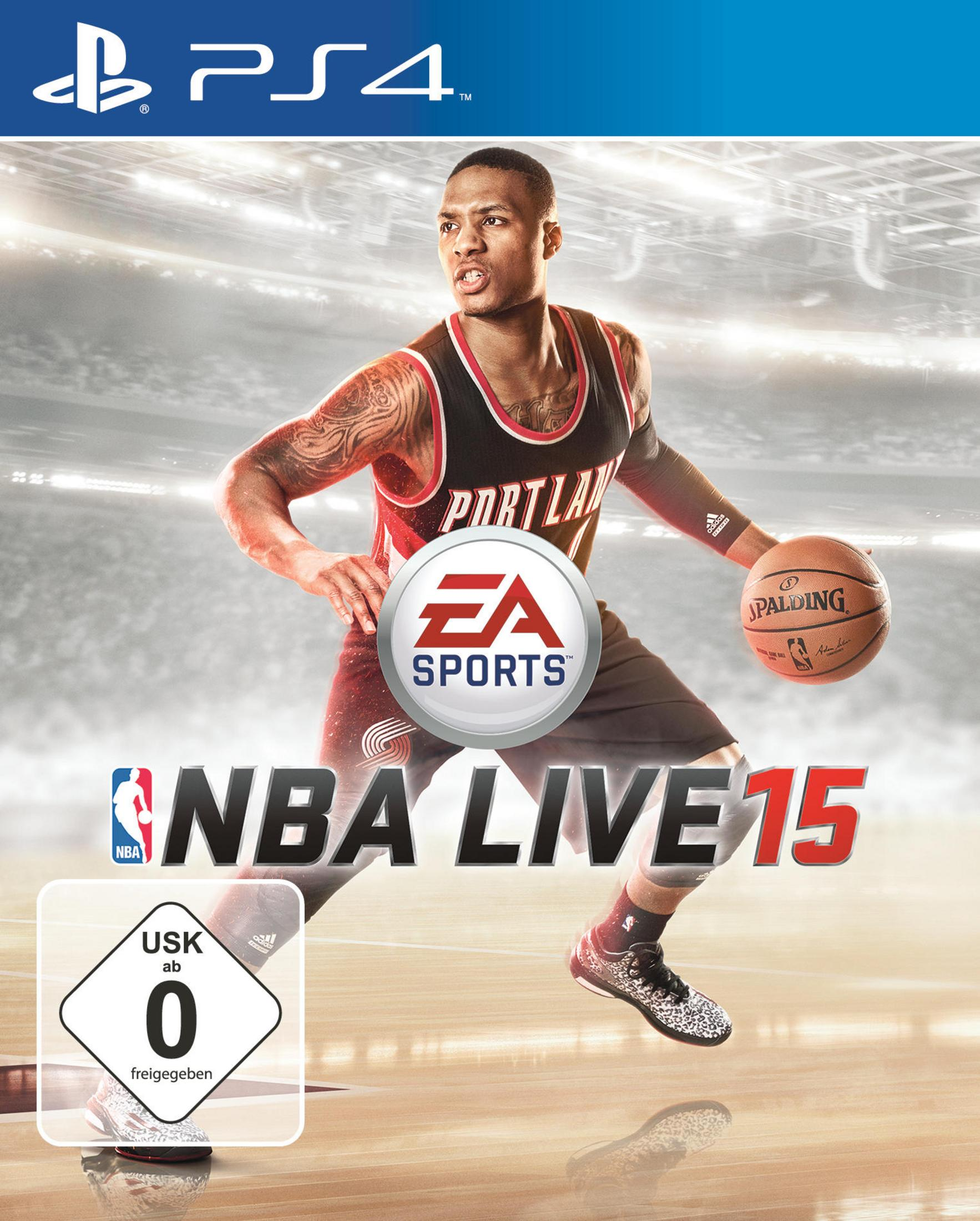 Custodia del gioco PS4: 'NBA Live 15' con un giocatore di basket in divisa rossa e nera.
