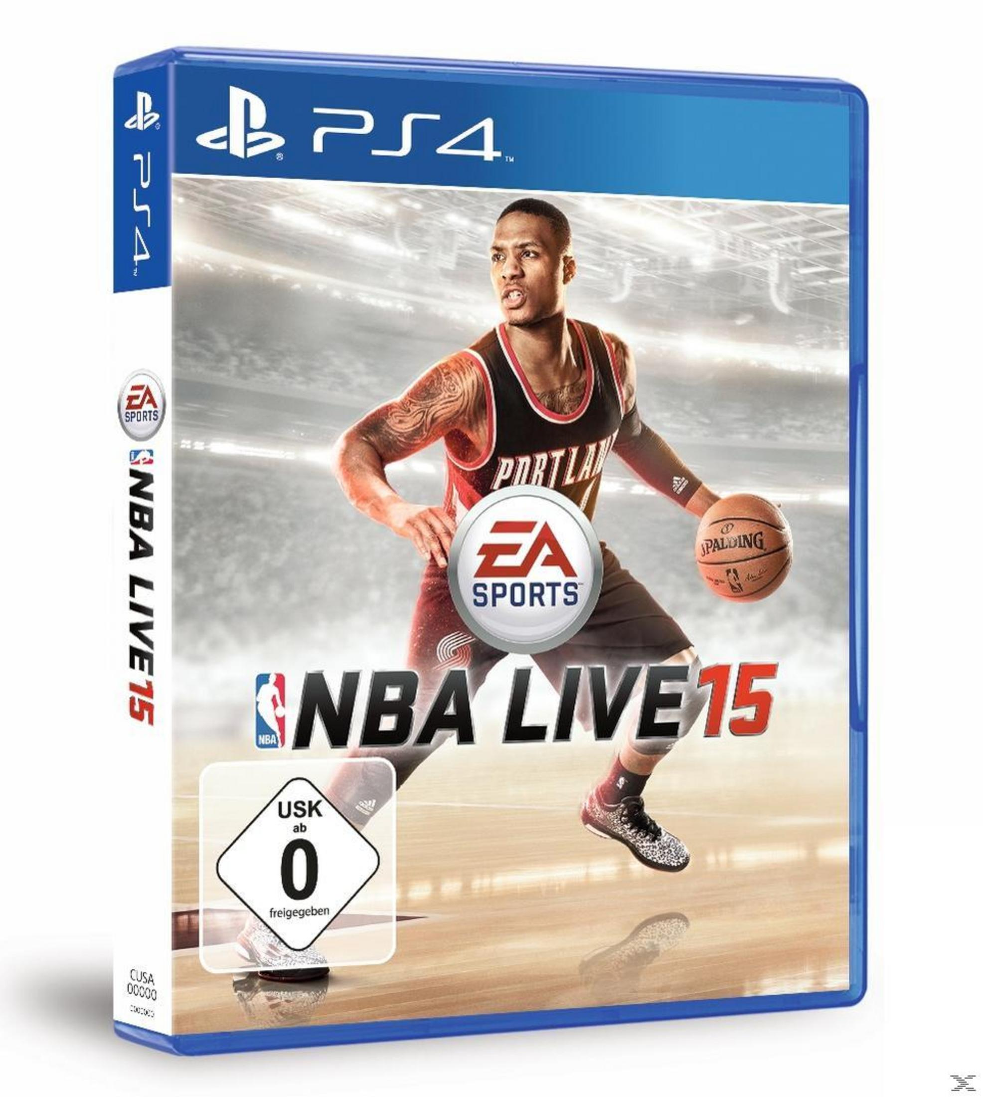 Custodia del gioco PS4: 'NBA Live 15' con un giocatore di basket in divisa rossa e nera.