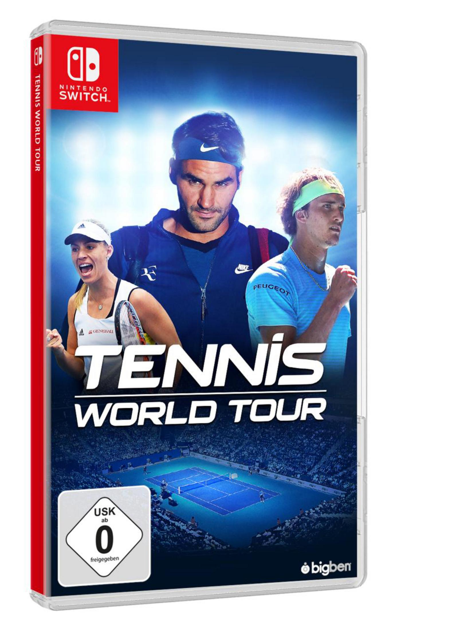 Tennis World Tour-Spielcover. Roger Federer, eine Frau und Alexander Zverev sind abgebildet. Tennisplatz im Hintergrund.