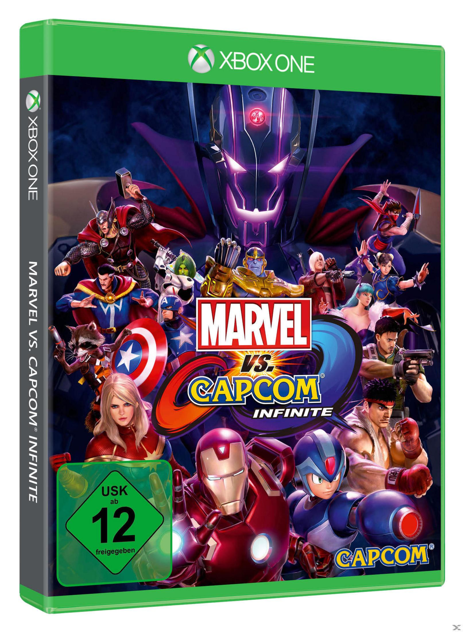 Spielcover: Marvel vs. Capcom Infinite, viele Charaktere, grüner Rand, Xbox One.
