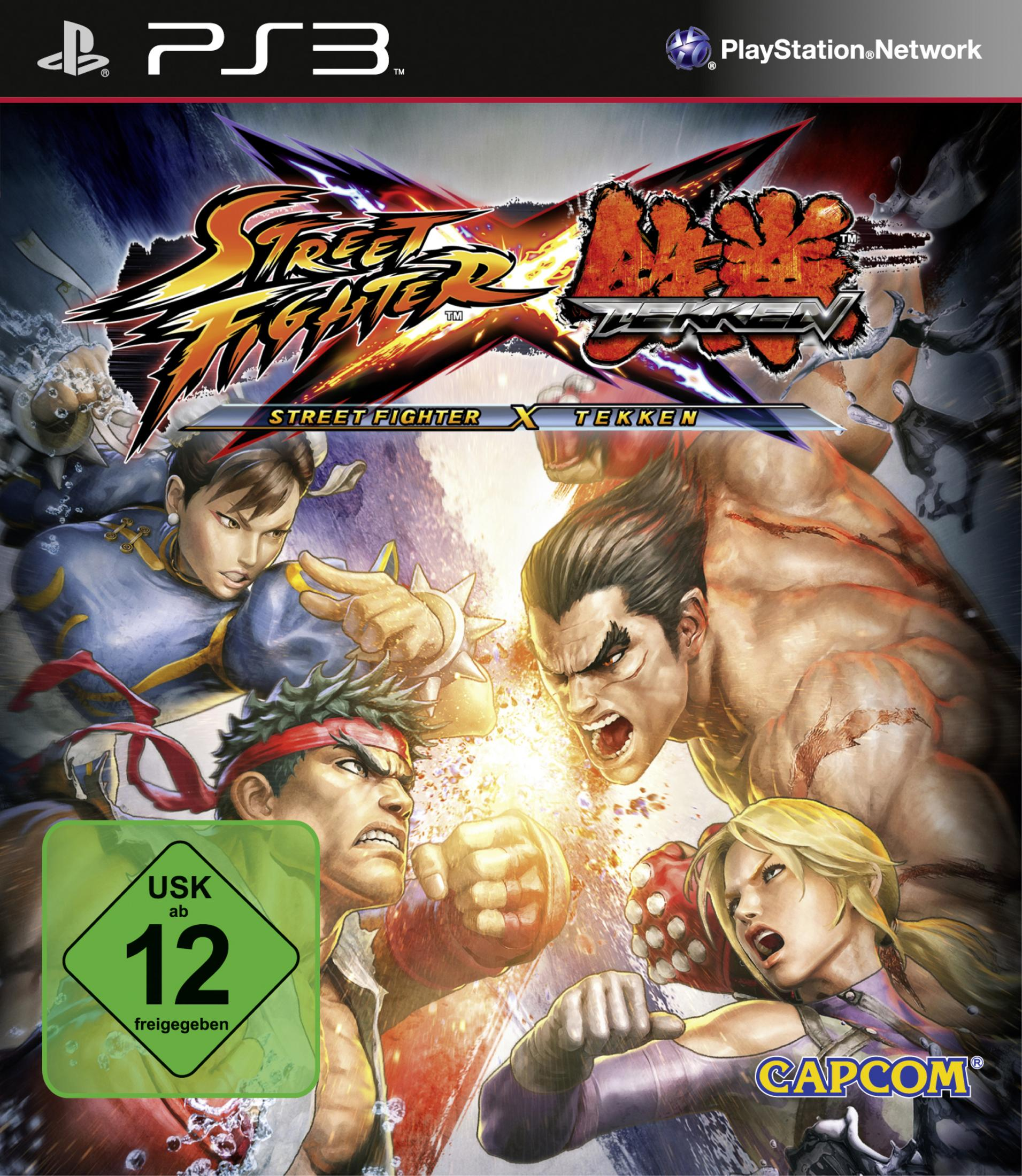 Street Fighter X Tekken-Spielcover. Charaktere stehen sich in Kampfhaltung gegenüber, mit actiongeladenen Posen.