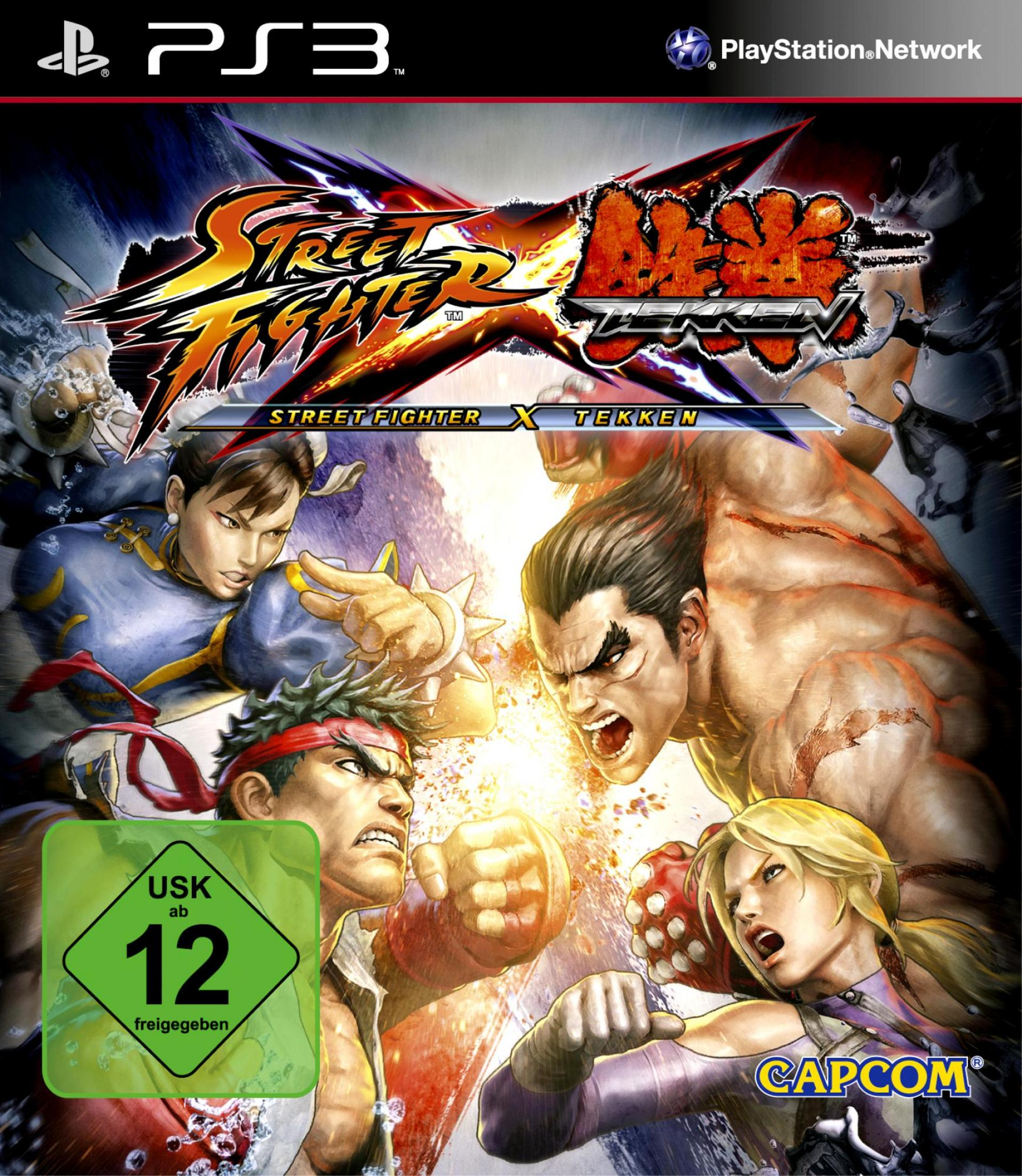 Spielcover: Street Fighter X Tekken, kämpfende Charaktere, Action-Szene, PS3.