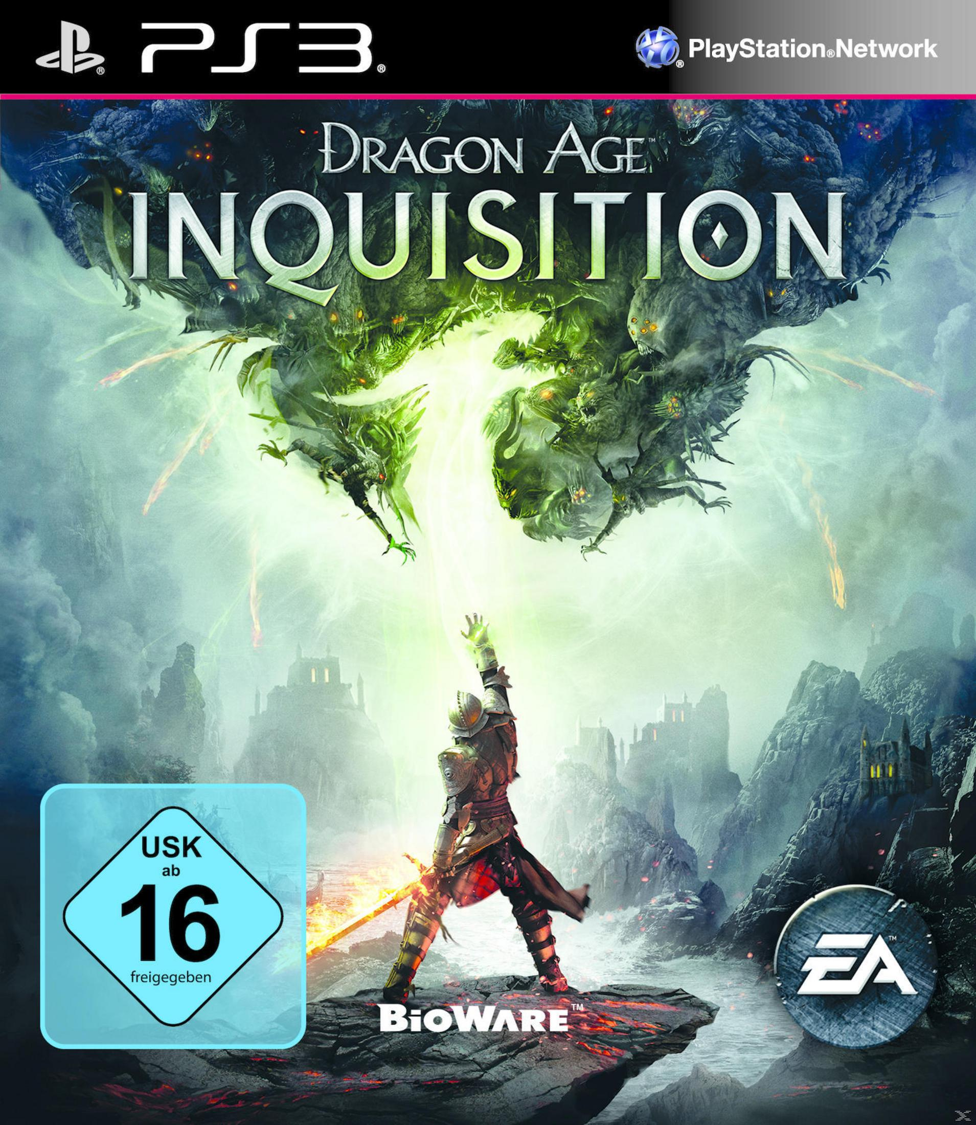Spielcover, Dragon Age: Inquisition. Ein Krieger hebt ein Schwert. Grünes und weißes Licht geht von oben aus.