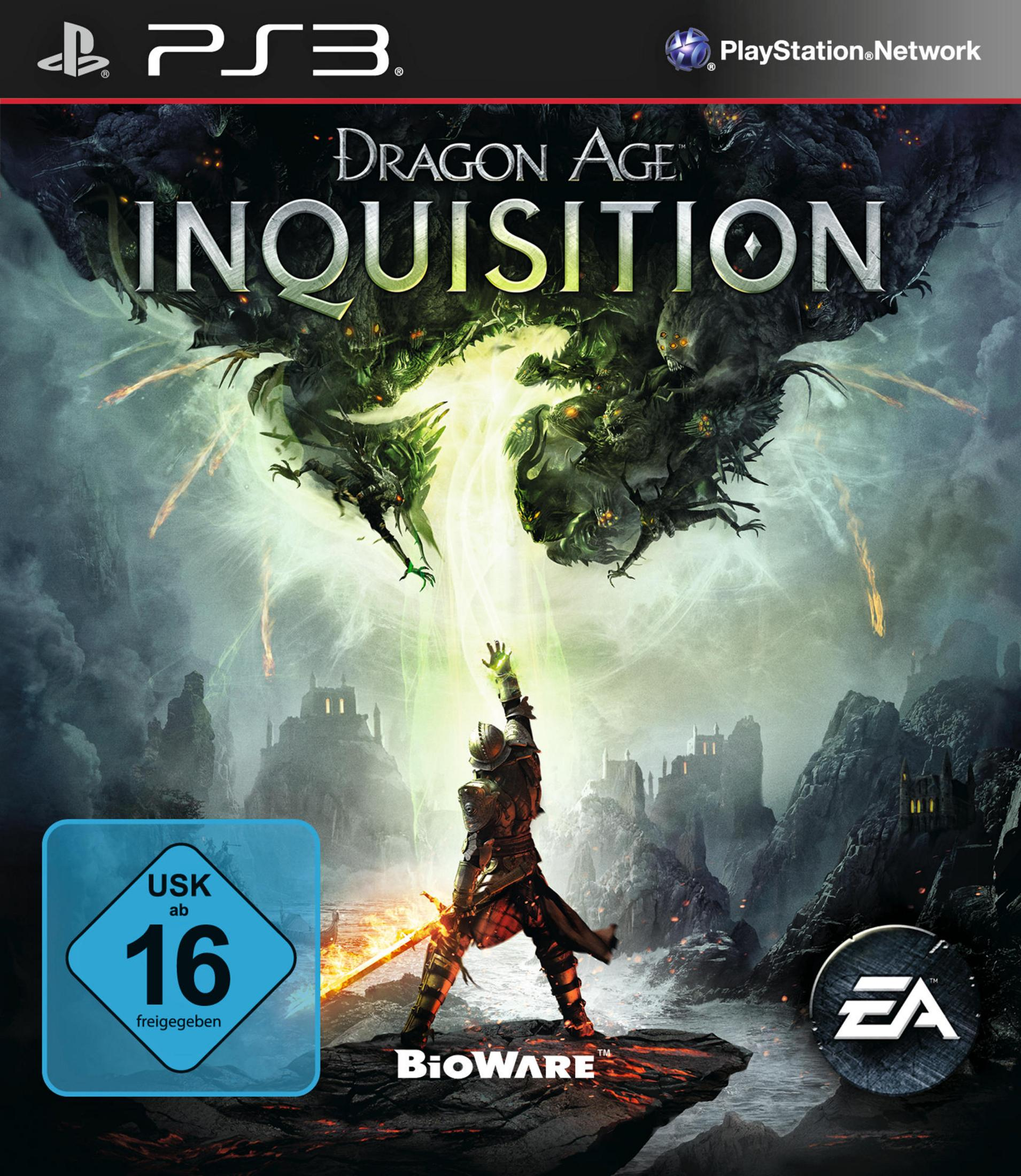 Dragon Age: Inquisition-Spielcover mit Krieger, Drachen und Logo.