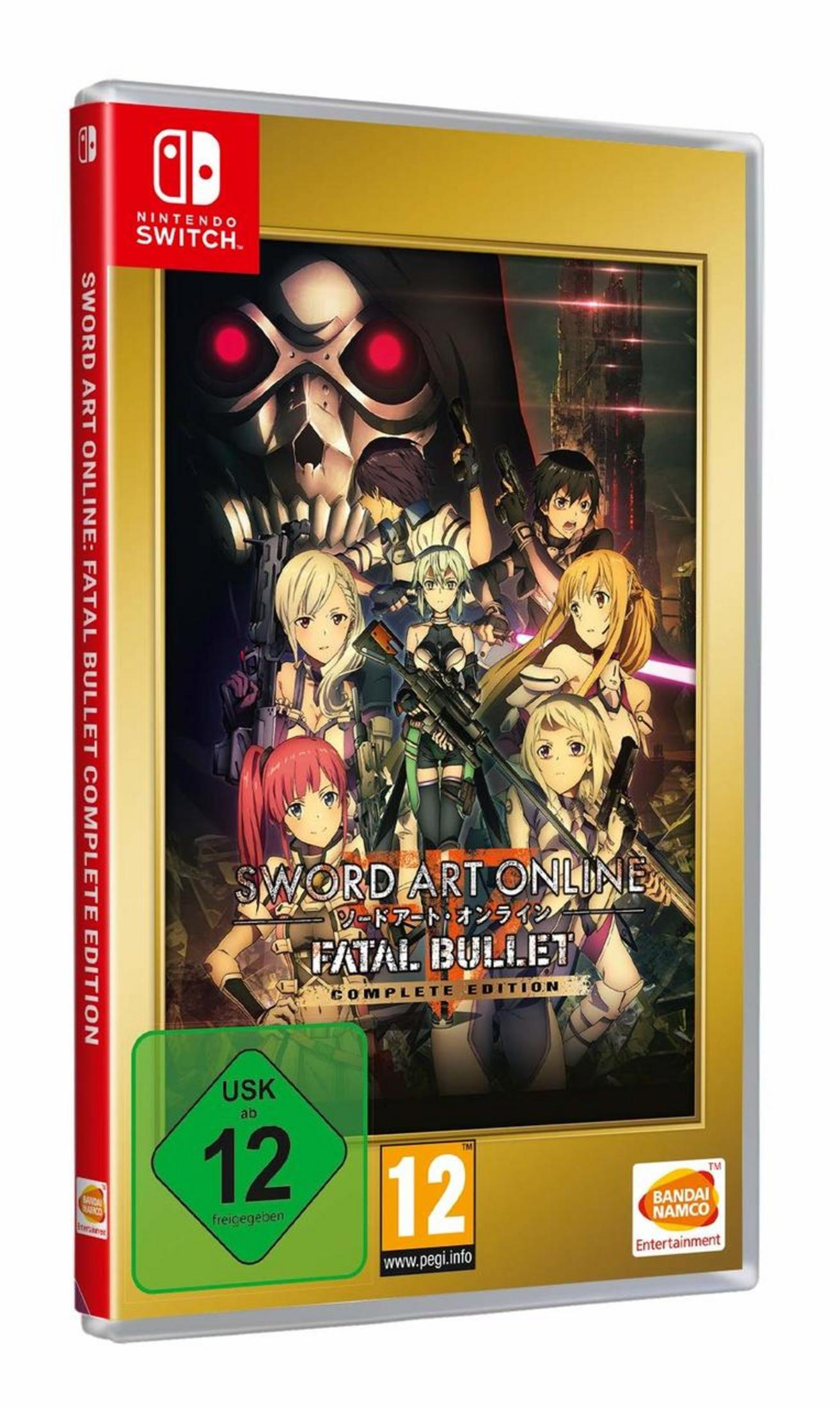Sword Art Online: Fatal Bullet-Spielcover. Mehrere Anime-Charaktere mit Waffen. Nintendo Switch-Logo oben links.