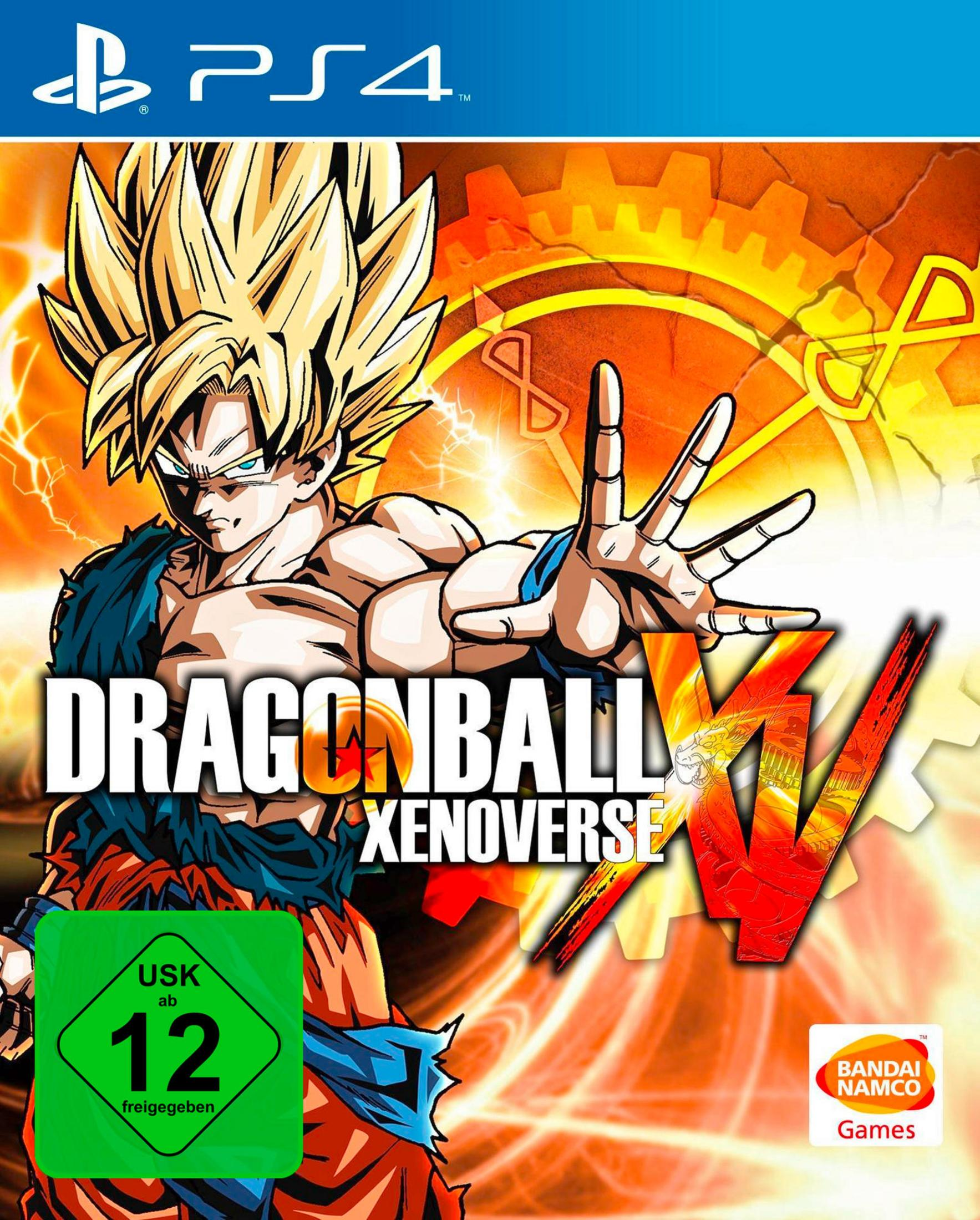 Dragon Ball Xenoverse game cover. Goku voor een achtergrond van tandwielen. PS4 logo in de linkerbovenhoek.