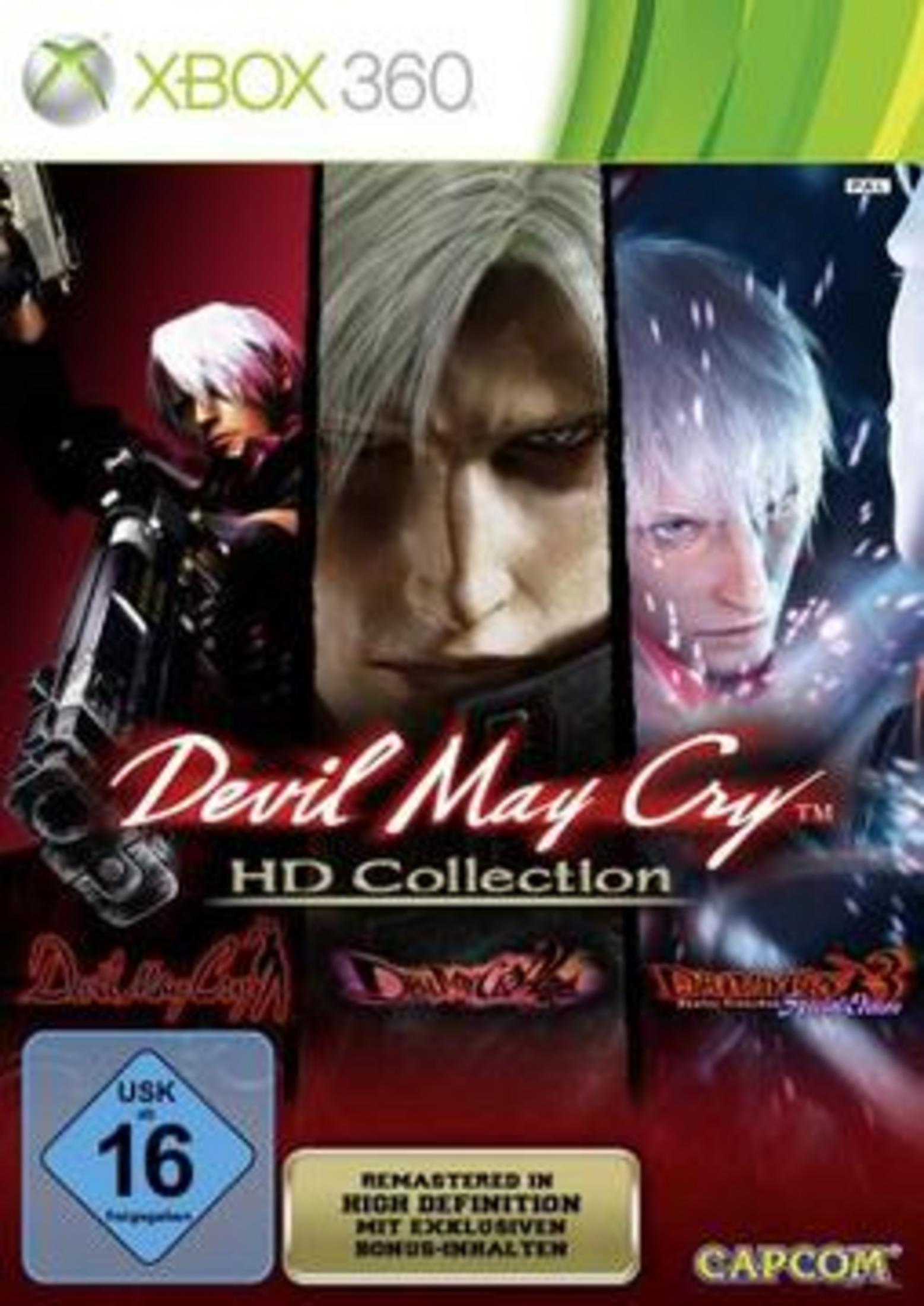 Devil May Cry HD Collection-Spielcover. Drei Gesichter in der Mitte. Xbox 360-Logo oben links.