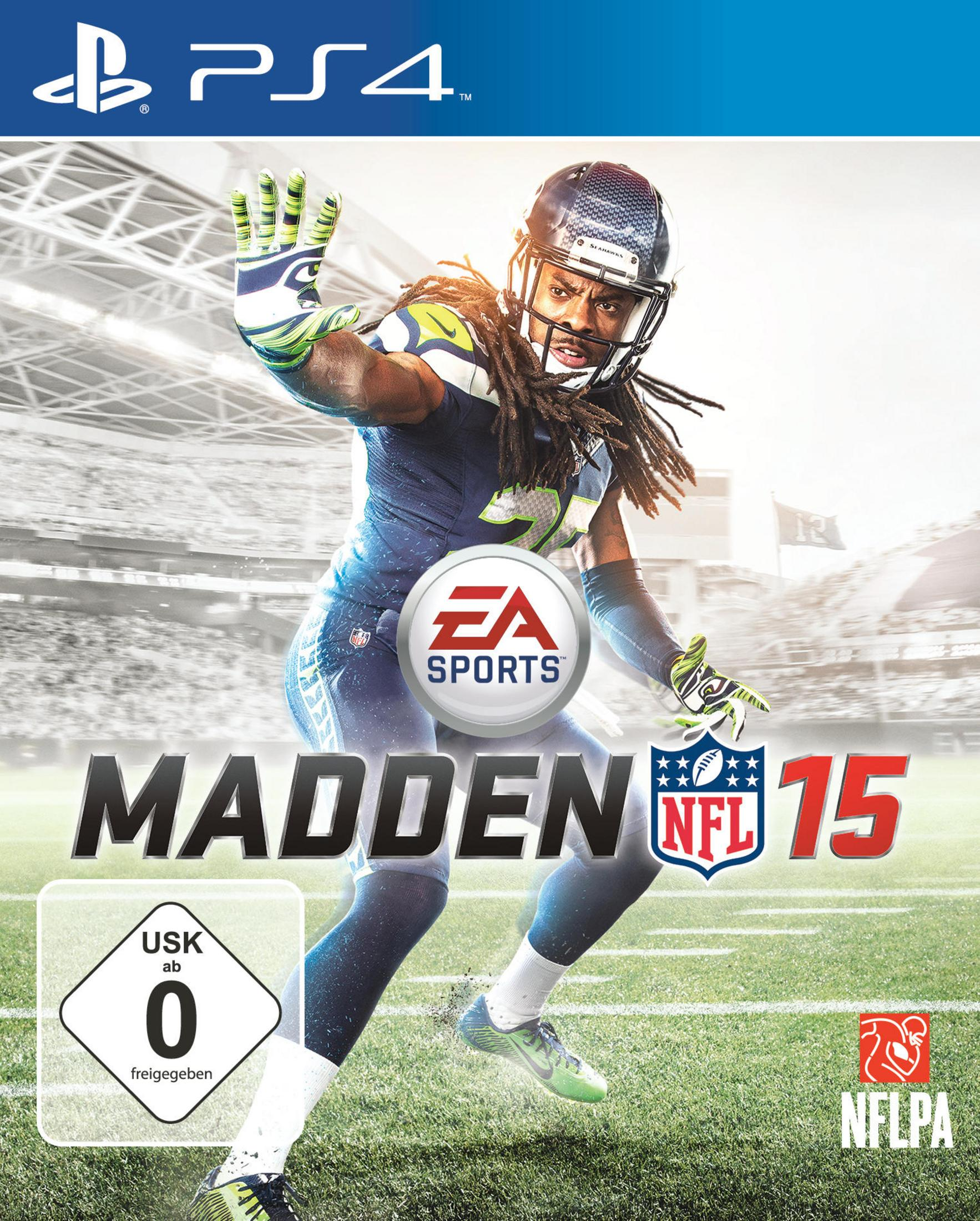 Madden NFL 15-Spielcover. Spieler in blauem Trikot, Actionpose. EA Sports-Logo. Stadionhintergrund.