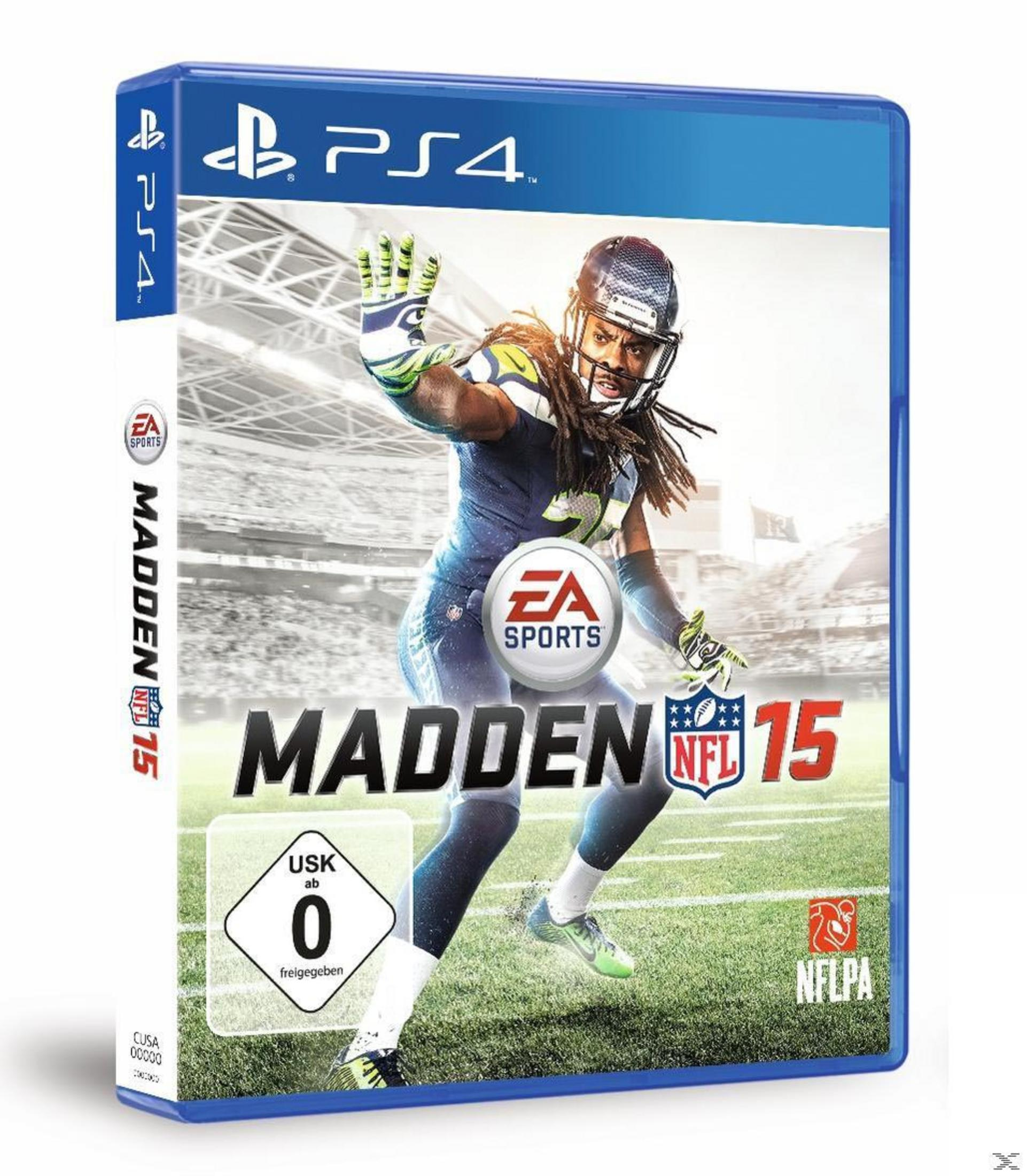 Madden NFL 15-Spielbox. Spieler in Blau, Actionpose. EA Sports-Logo, Stadionhintergrund. USK 0.