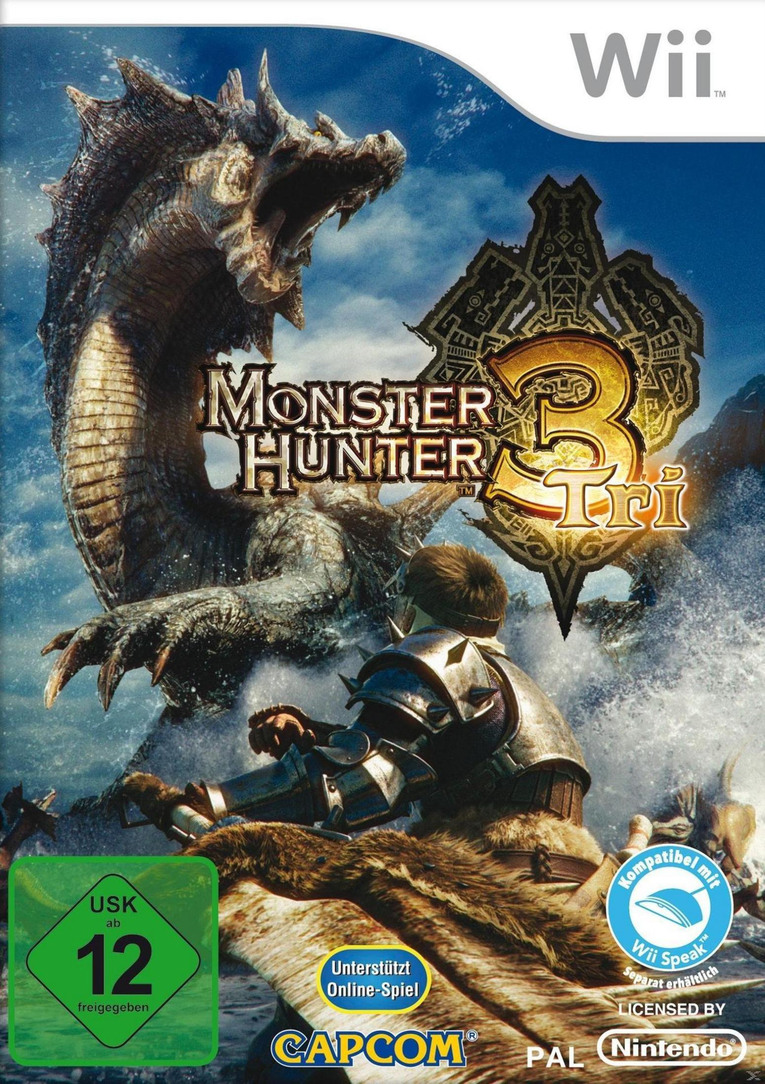 Monster Hunter 3 Tri-Spielcover. Ein Monster und ein Krieger im Meer. Wii-Logo oben rechts.