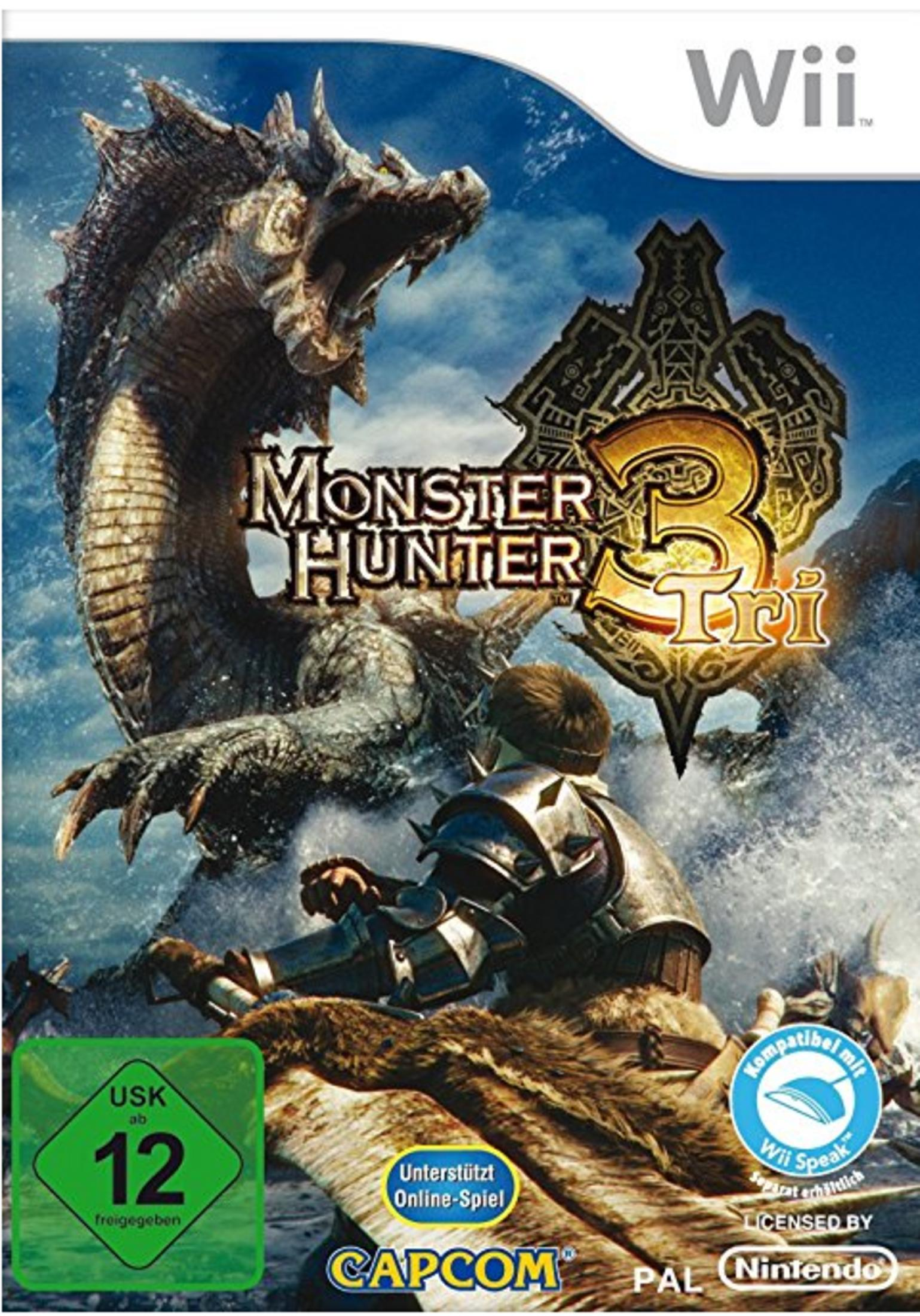 Monster Hunter 3 Tri-Spielcover. Monster, Jäger mit Schwert, Waldhintergrund. USK-Einstufung 12.
