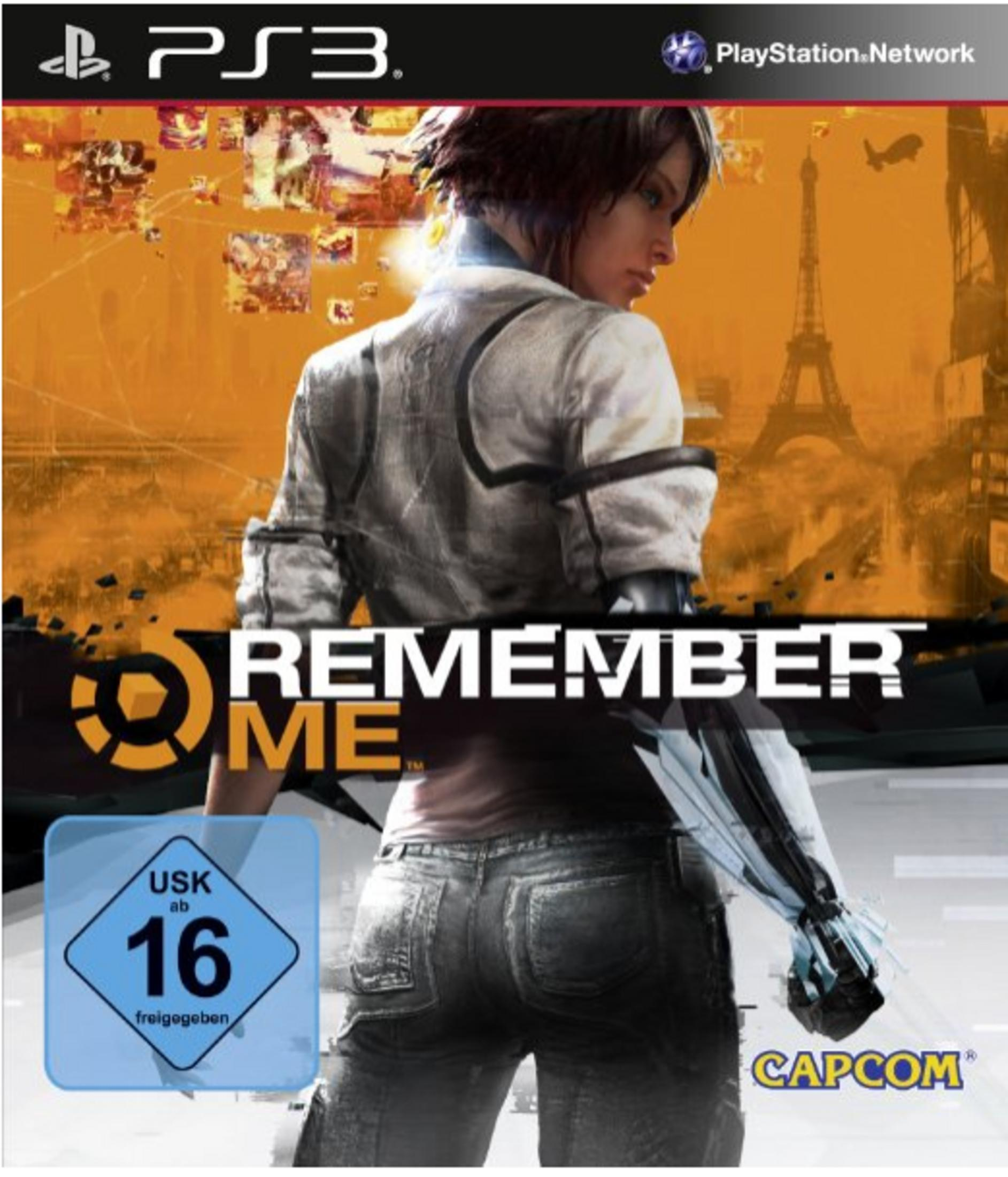 Remember Me-Spielcover. Frau mit futuristischem Arm, Paris-Hintergrund. USK-Einstufung 16.