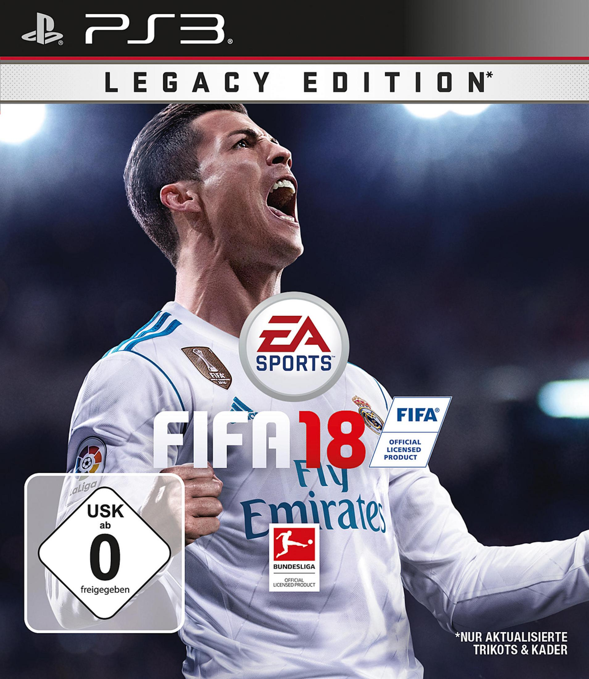 Das FIFA 18 Legacy Edition-Spielcover zeigt Cristiano Ronaldo, der schreit, in einem weißen Trikot.