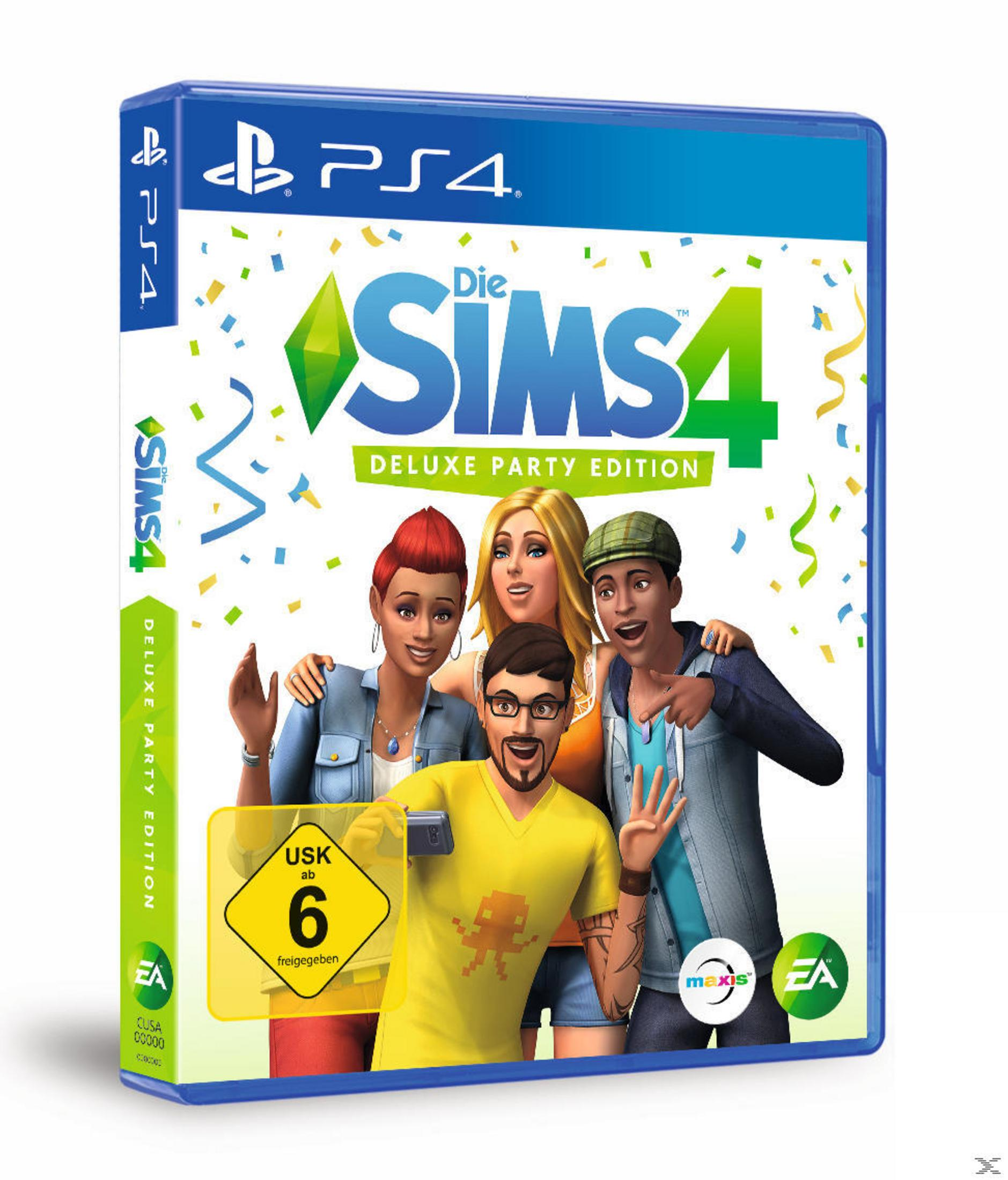 Das Spielcover von Die Sims 4 Deluxe Party Edition zeigt vier lächelnde Personen.