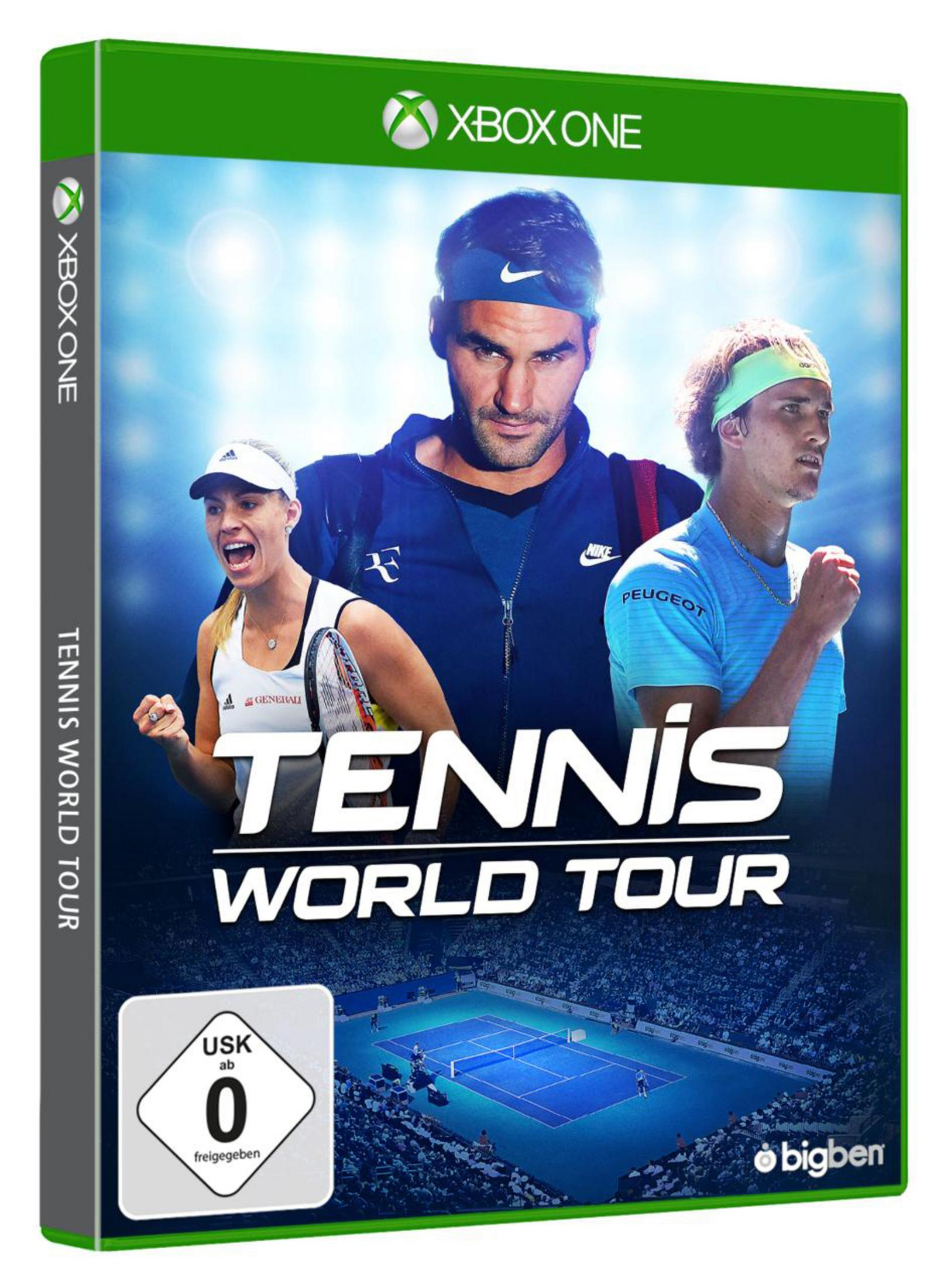 La copertina del gioco Tennis World Tour presenta Roger Federer, altri due tennisti e un campo da tennis.