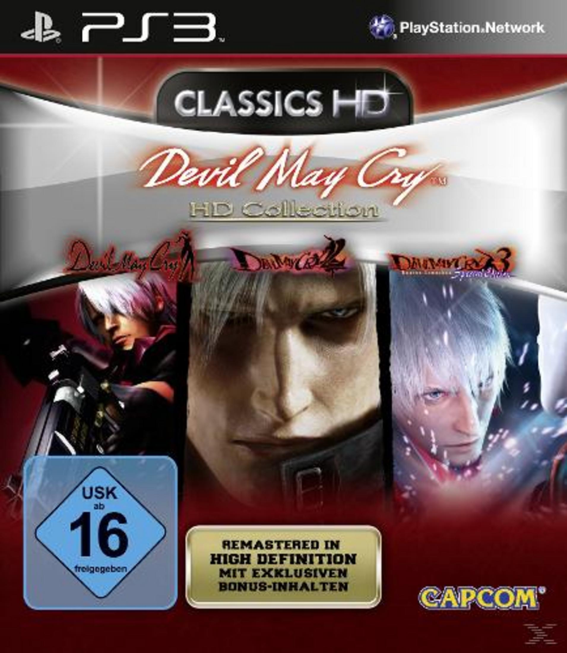 Das Spielcover von Devil May Cry HD Collection zeigt drei Charaktere mit weißen Haaren.
