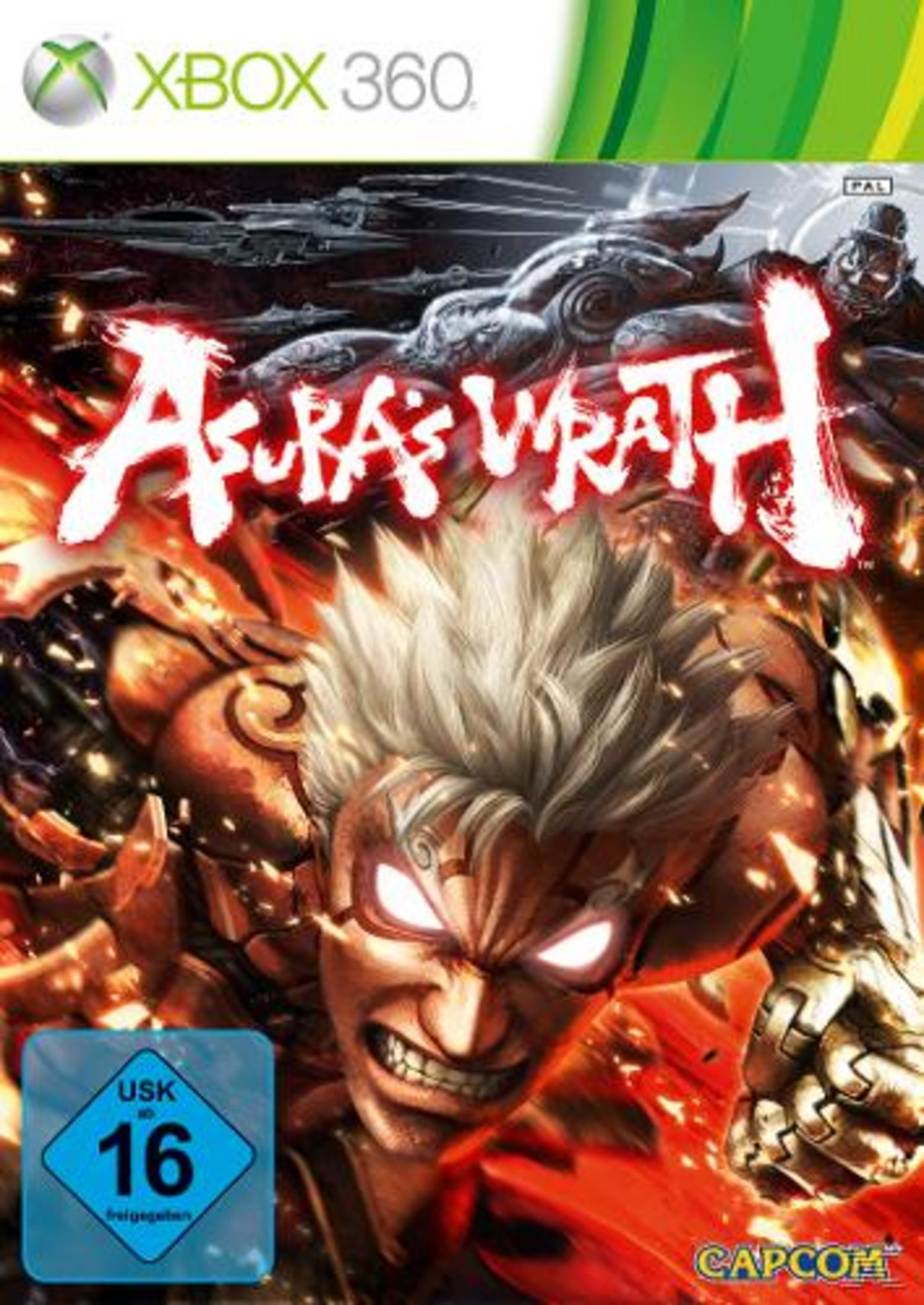 Das Spielcover von Asura's Wrath zeigt einen muskulösen Charakter mit weißen Haaren in einer Actionpose.