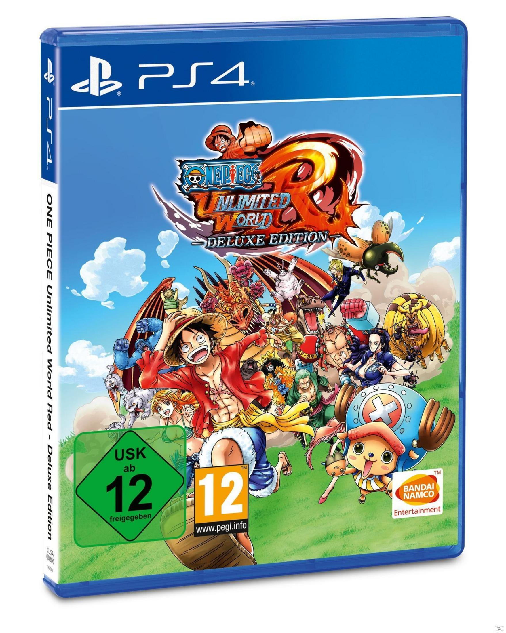 Spielcover: One Piece Unlimited World Red Deluxe Edition. Luffy und andere Charaktere in der Szene. PS4-Logo.