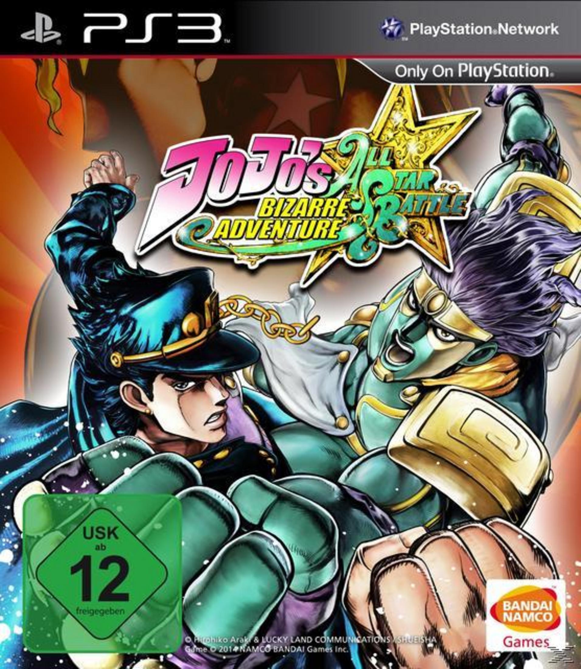 Spielcover: JoJo's Bizarre Adventure. Zwei Charaktere in Kampfpose. PS3-Logo ist sichtbar.